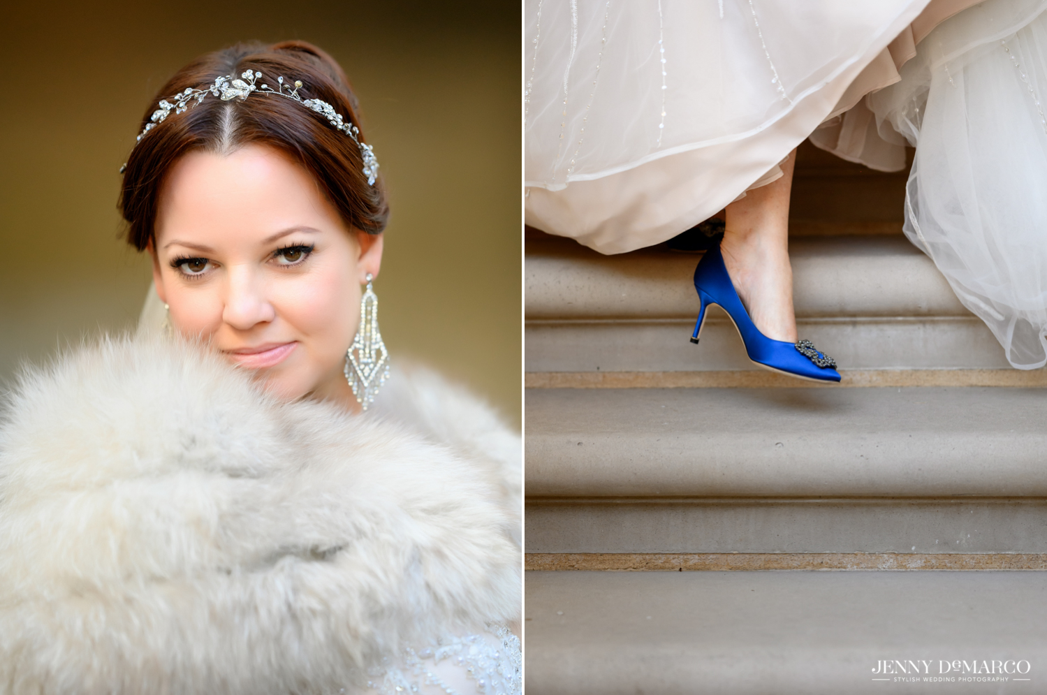 bridal portrait and her blue satin shoe peeking out of her wedding dress