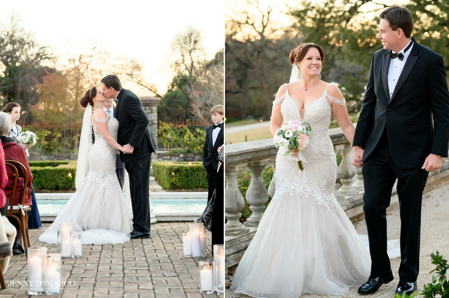 bride and groom kissing and walking hand in hand look at each other 