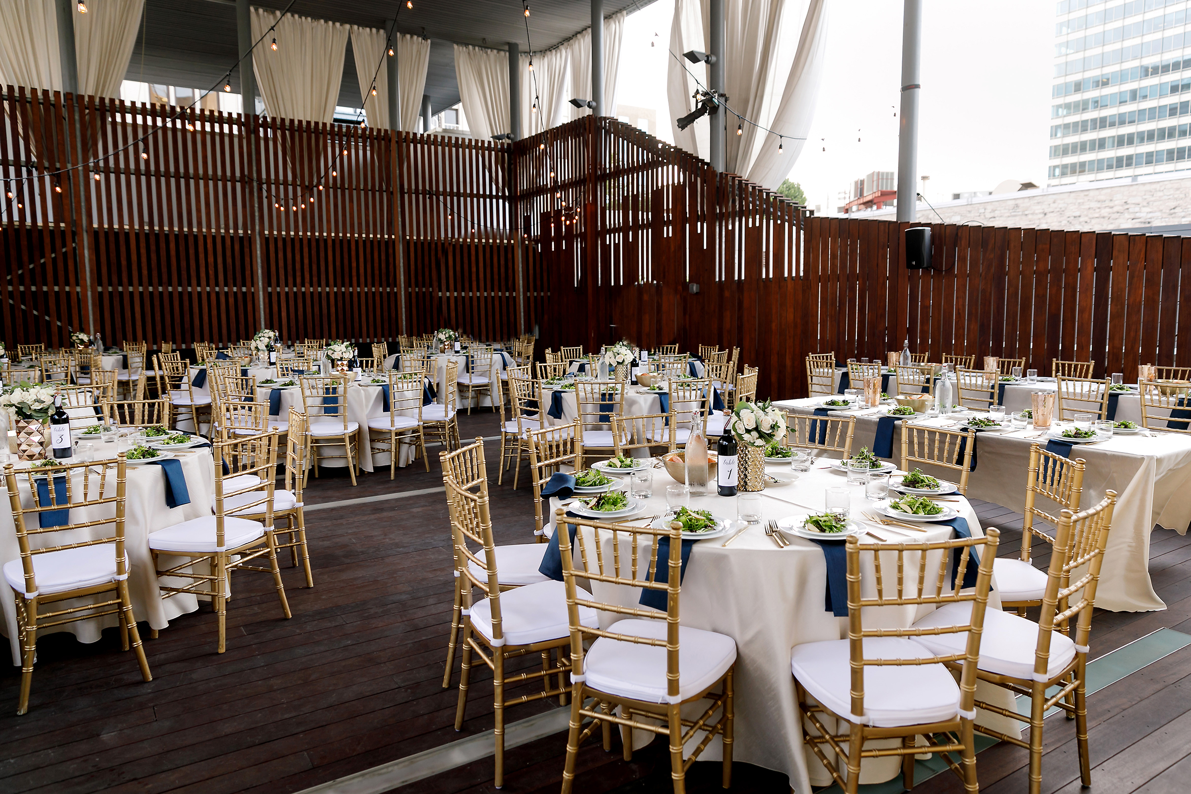 Wedding venue with tables set for dinner