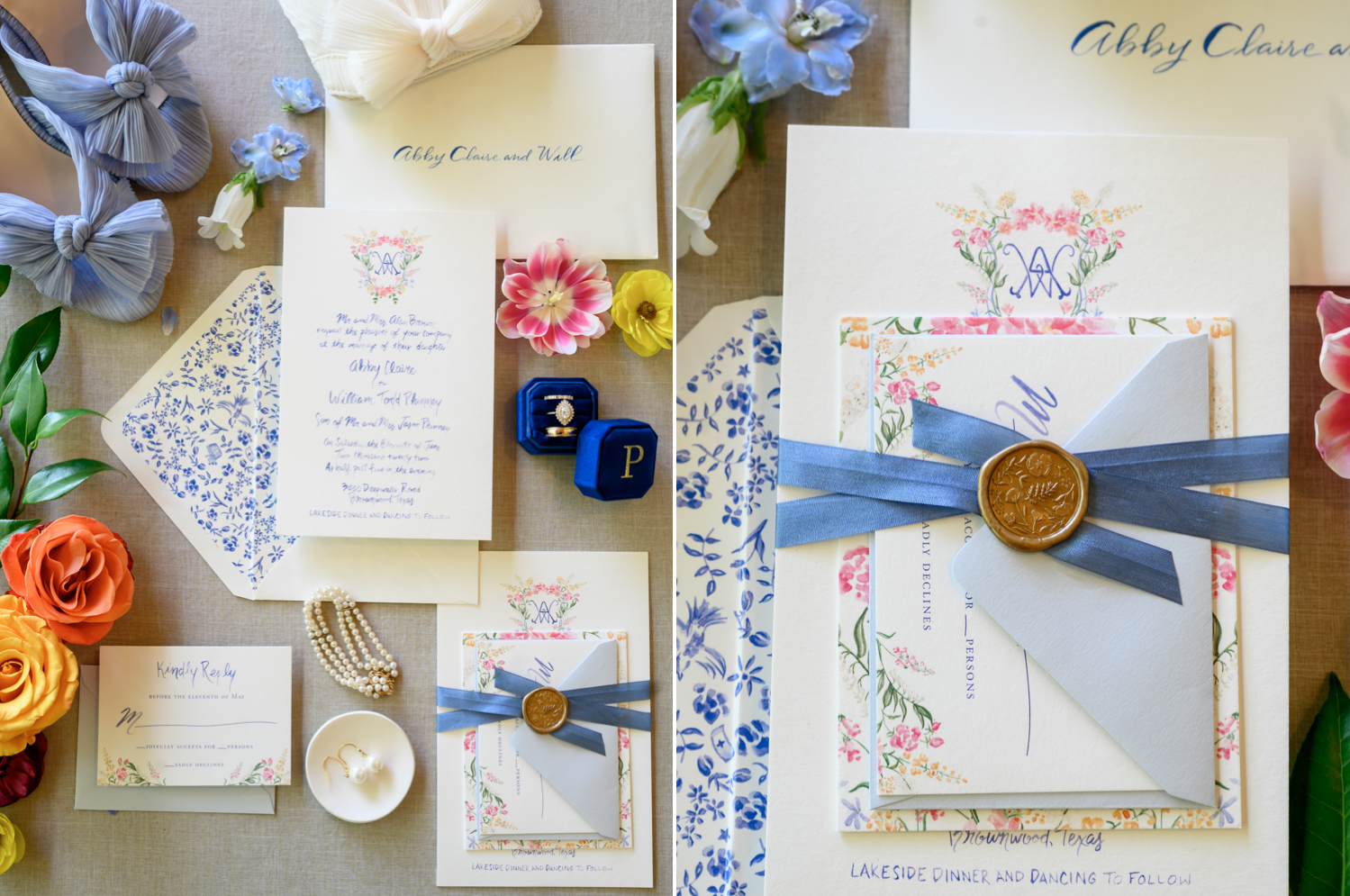 Wedding stationery laid out with flowers and jewelry 
