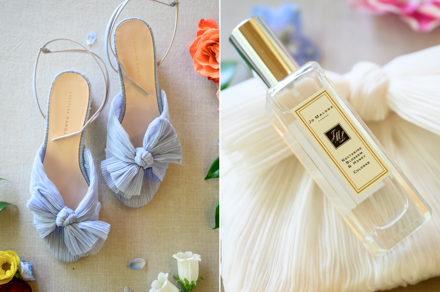 Blue wedding shoes with bows and Jo Malone perfume bottle 