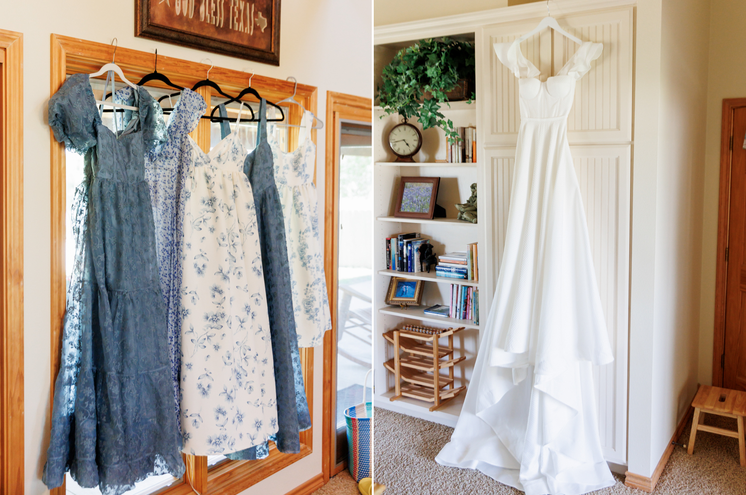 Blue floral bridesmaids dresses and wedding dress hanging 