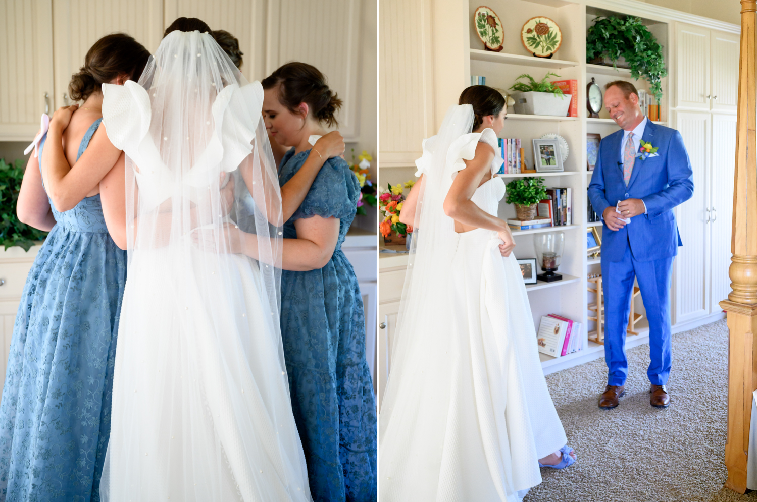 bride praying with her bridesmaids and her dad's first look at her in her wedding dress 