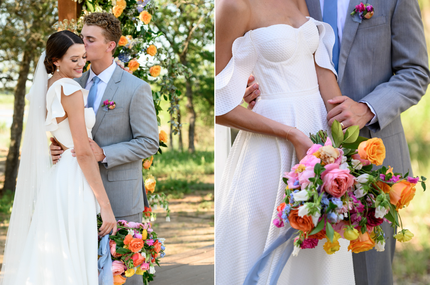 Bride and groom portraits with colorful bridal bouquet 