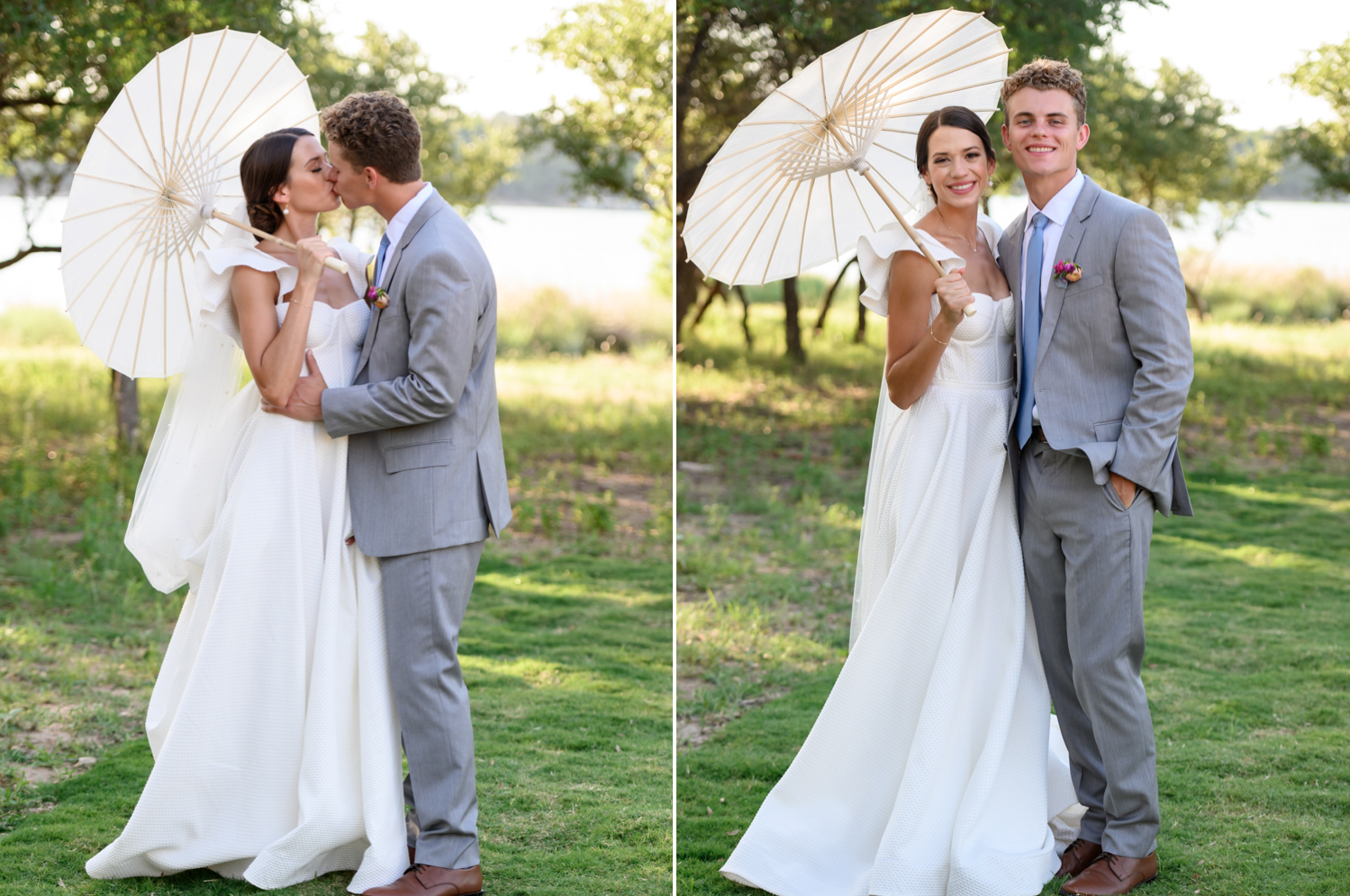 bride and groom portraits with white parasol