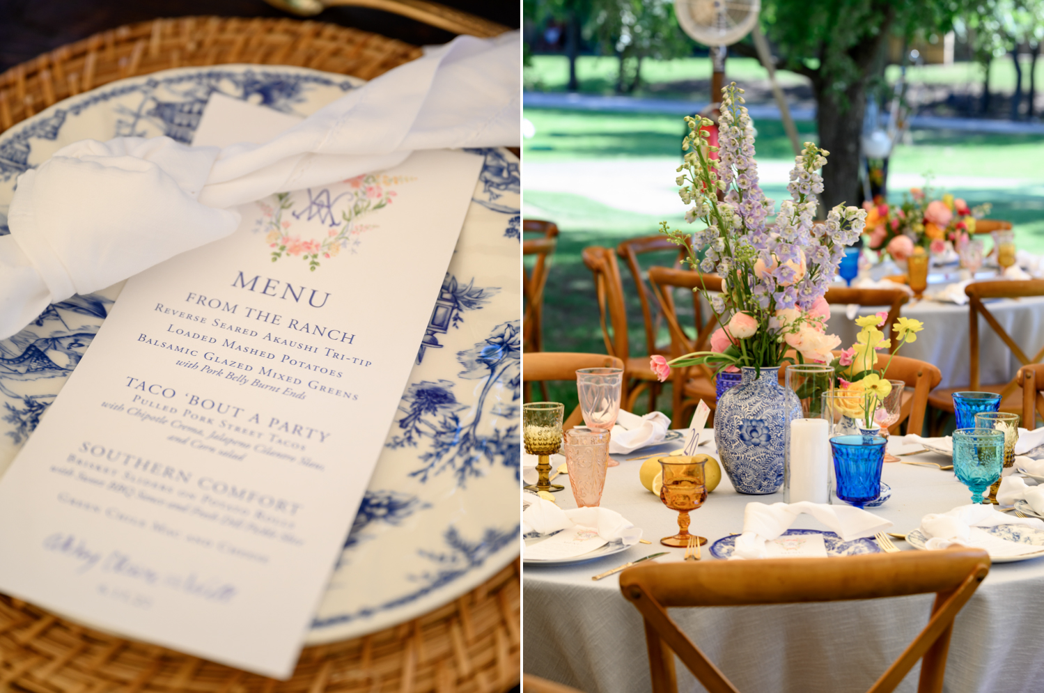 dinner menu on blue china plate and table setting with floral centerpiece 
