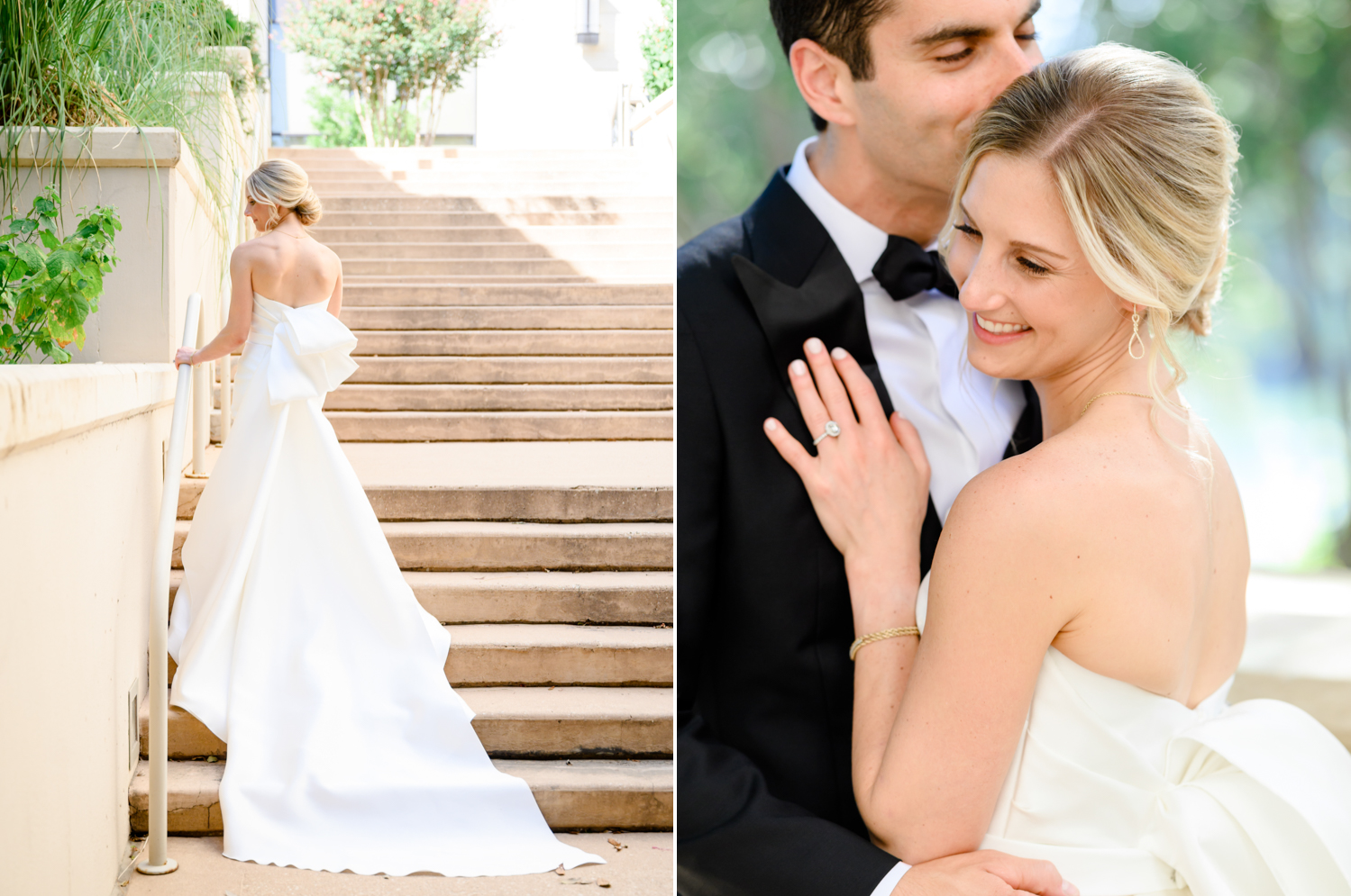 Left: Bride stands on a staircase and shows off the back of her dress with a big bow. Right: Groom kisses bride's forehead as they embrace