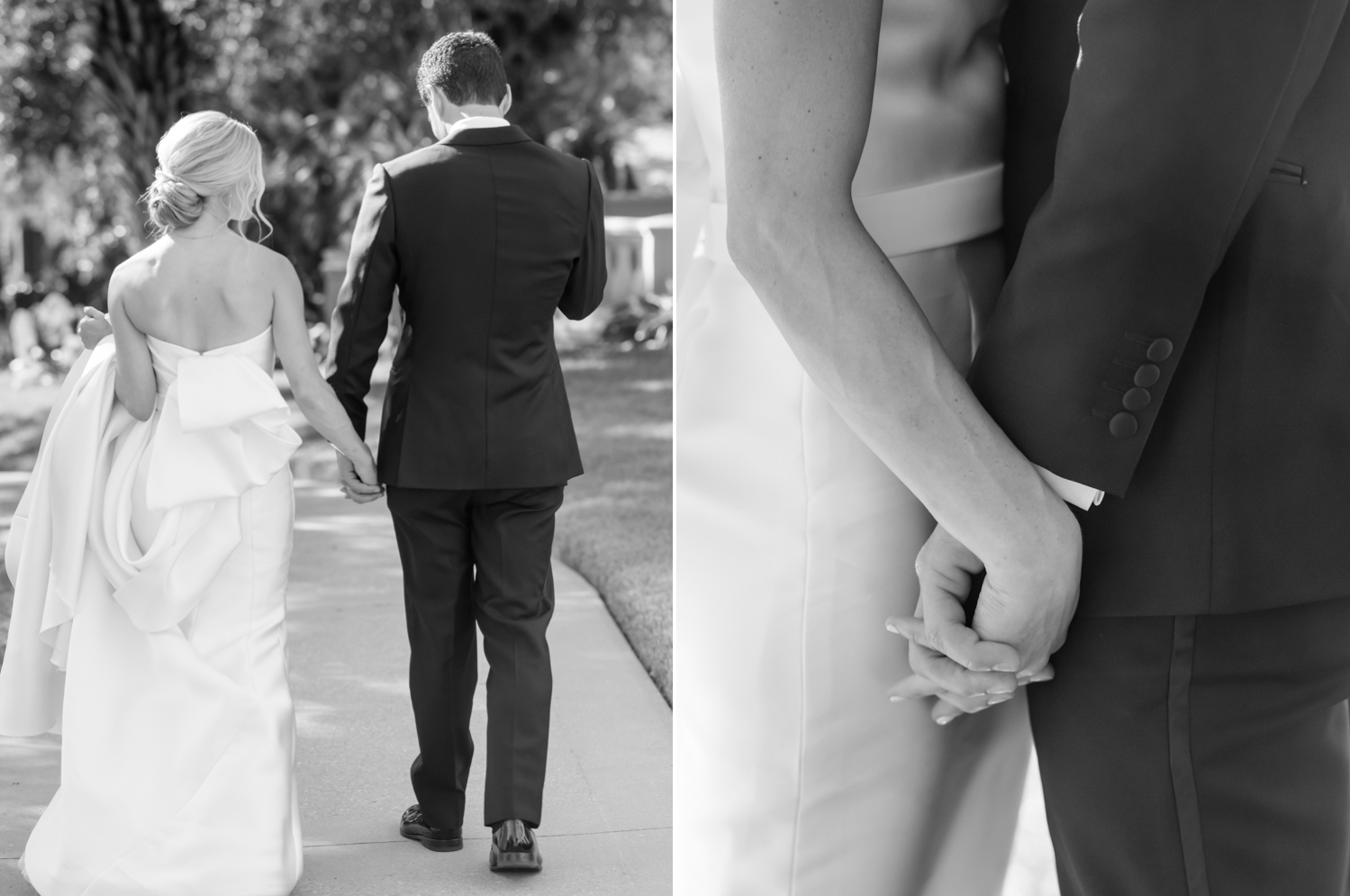 Left: Bride and groom hold hands and walk together. Right: A close up shot of the bride and groom holding hands