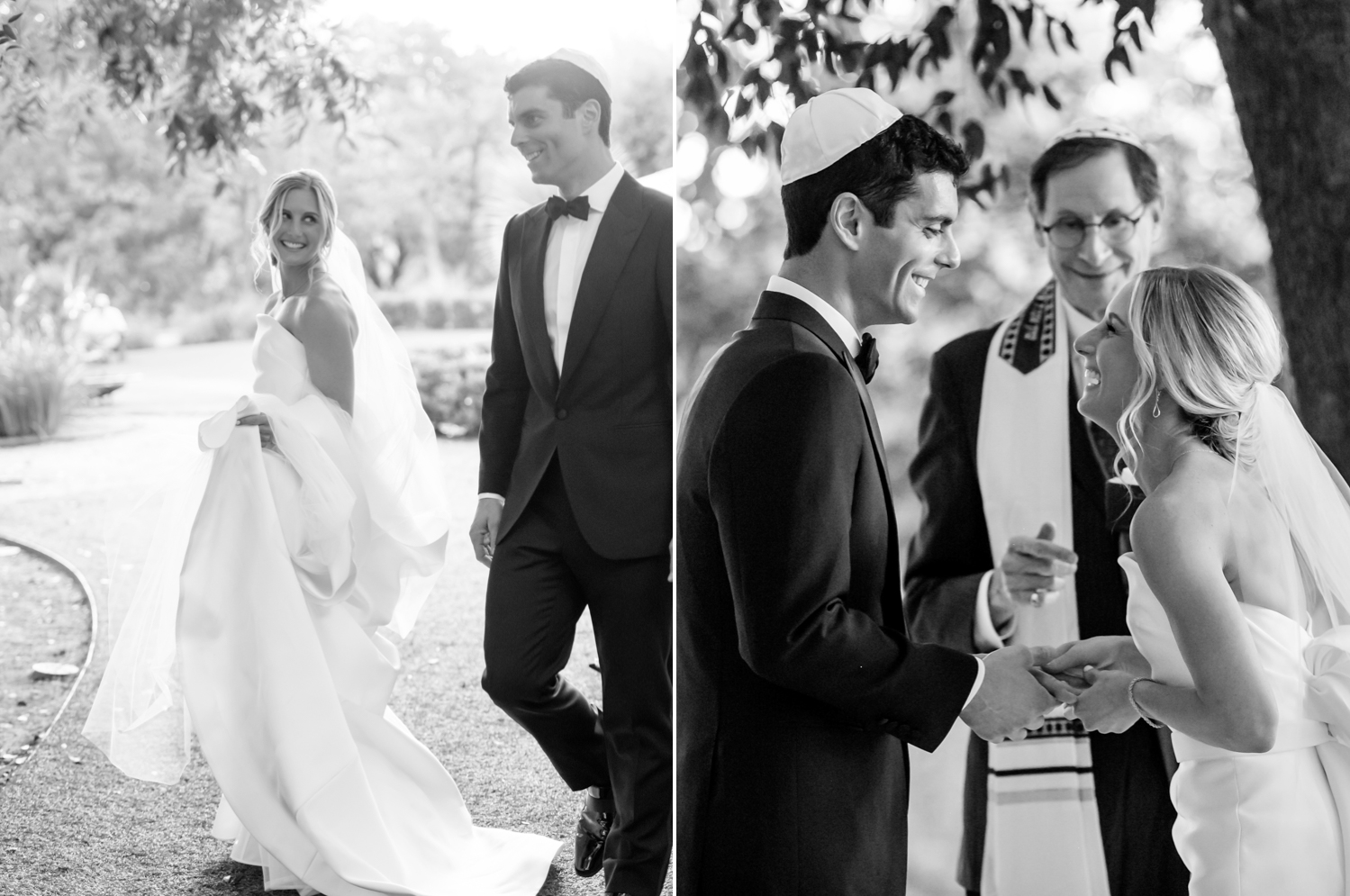 Left: The bride and groom walk together, smiling. Right: The bride and groom laugh together at the altar