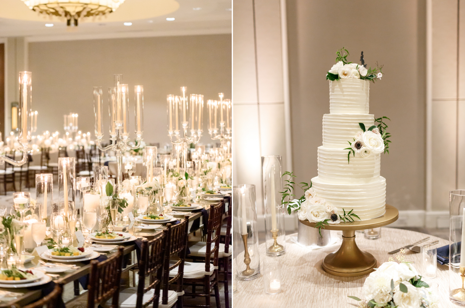 Left: A wide shot of the reception tables. They are set with tall candles, white china, and crystal glasses.