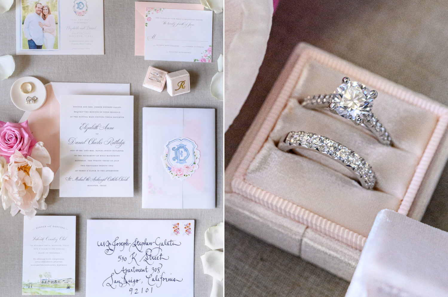 Pastel blue and pink wedding stationery 
Engagement ring and wedding band in pink box 