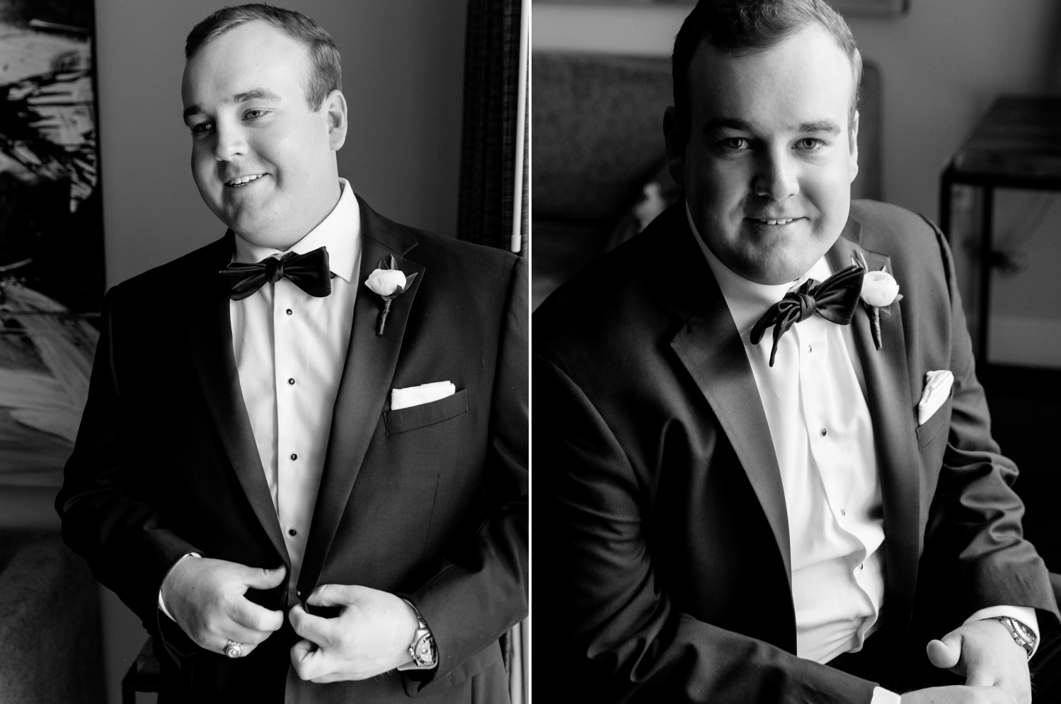 black and white portraits of the groom