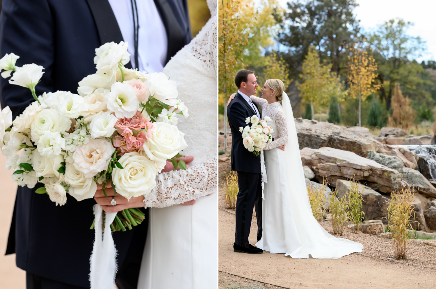 bridal bouquet with white and pink pastel florals and bride and groom portrait with bouquet 