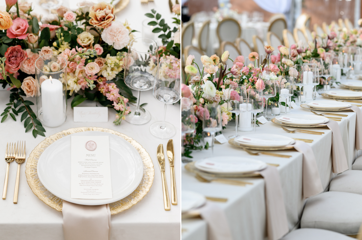pastel floral centerpieces line the table at the reception 