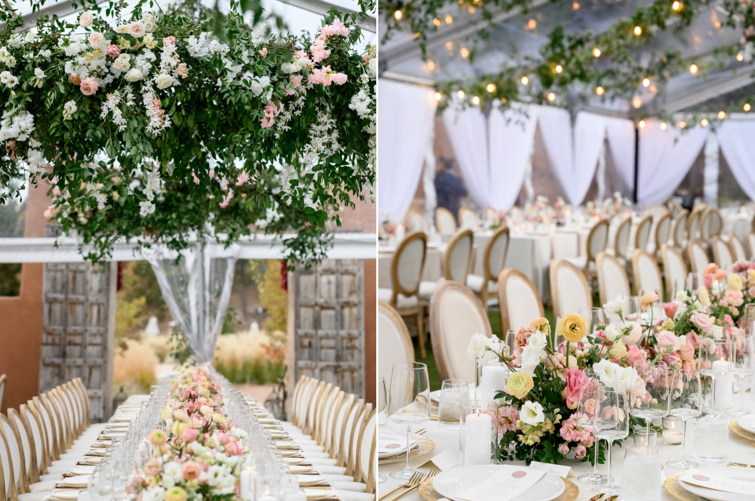 stunning greenery and white and pastel florals hang overhead in the reception tent, as ore floral centerpieces line the table 