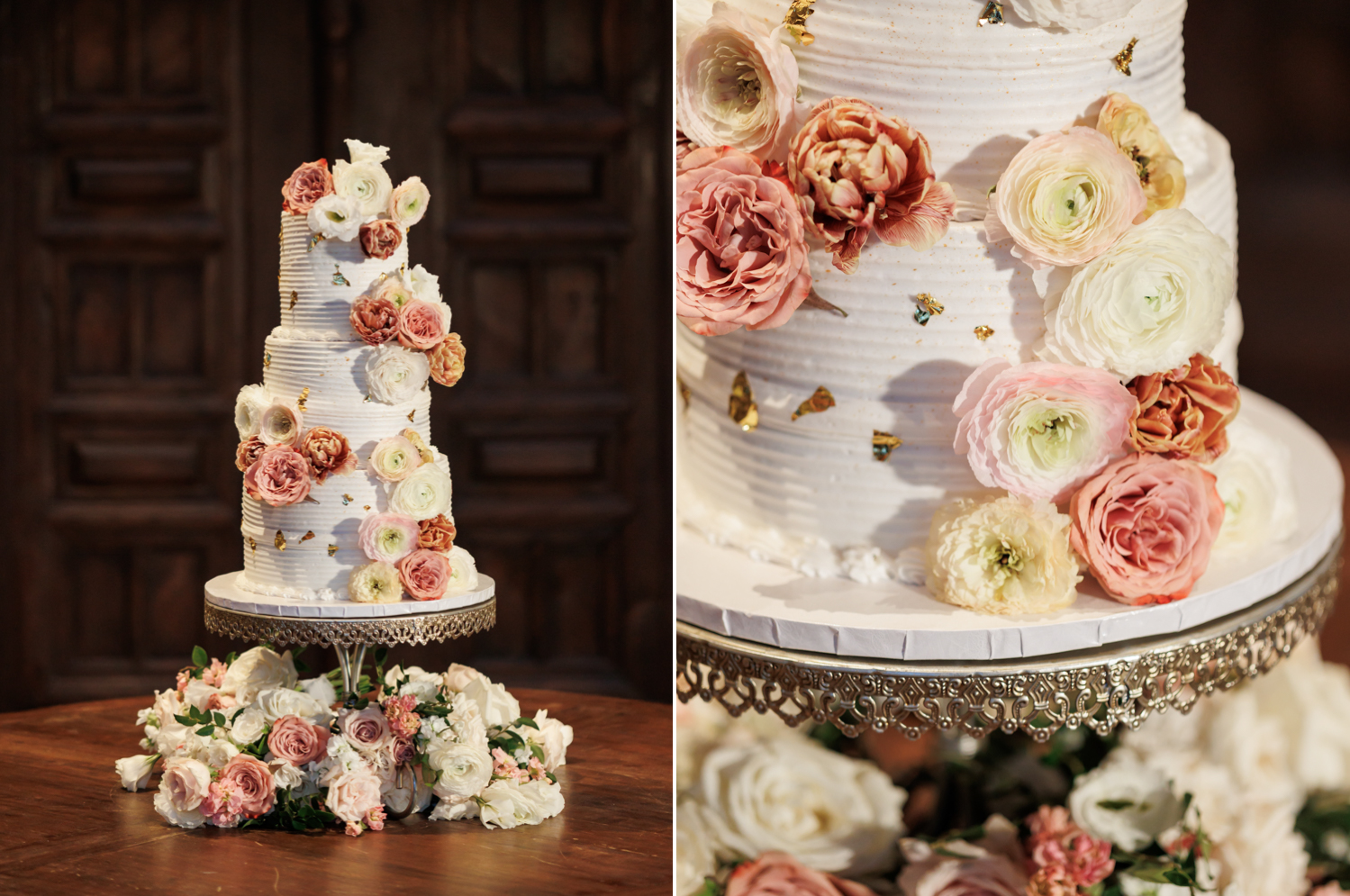wedding cake with gold speckles and pastel florals 