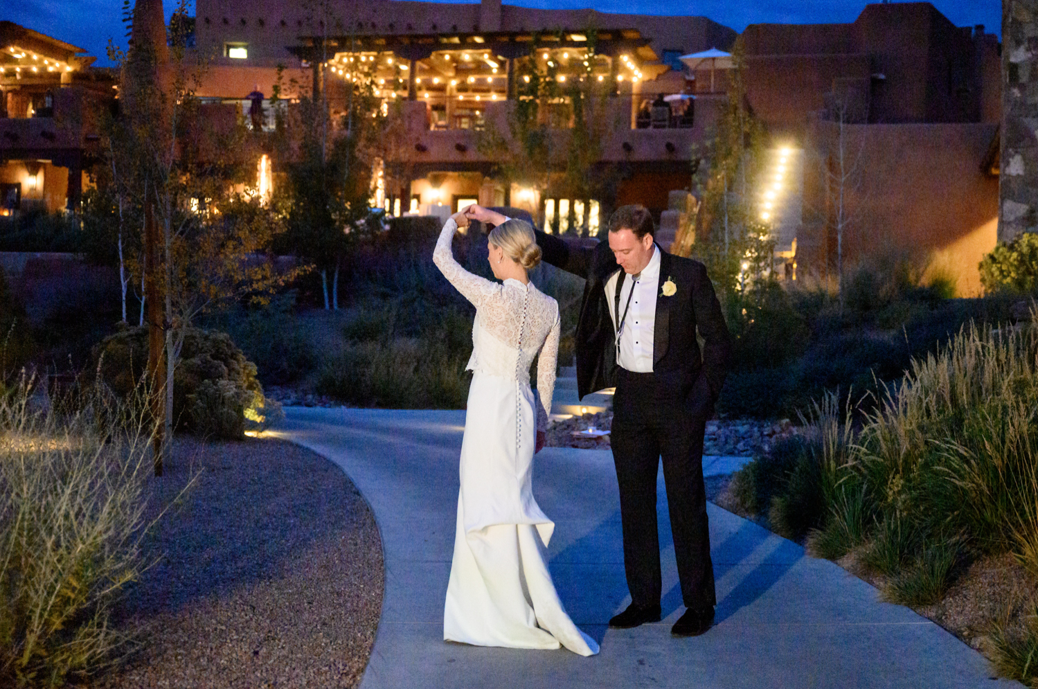 bride and groom nighttime portraits outside the Bishop Lodge in Santa Fe 
