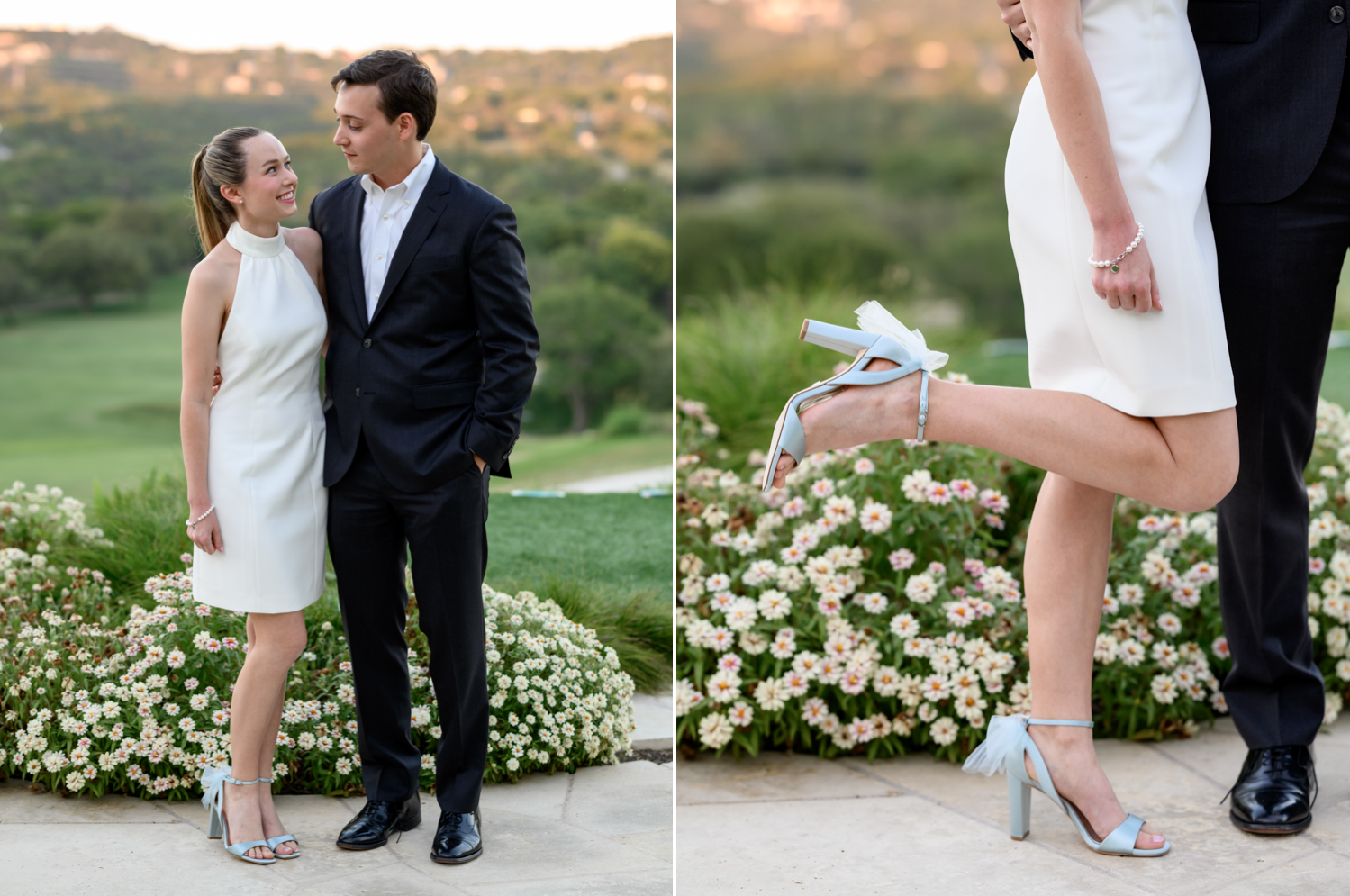 Left: Bride and groom look at each other outside before their rehearsal dinner. Right: A close up of the bride's baby blue heels with a tulle bow on the back.