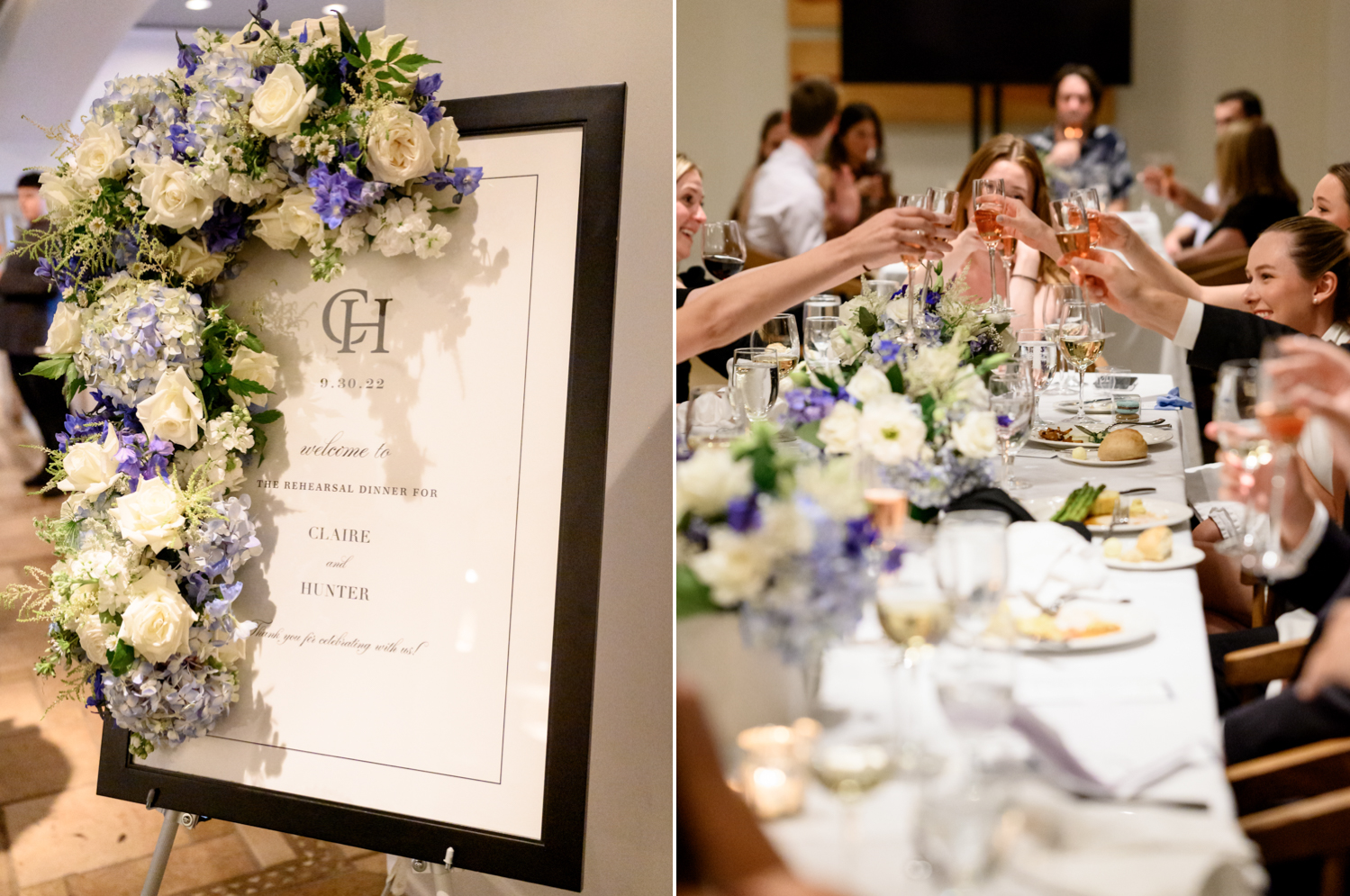Left: The couple's welcome sign at the rehearsal dinner. Flowers adorn the side. Right: Guests toast to the bride and groom at the rehearsal dinner.