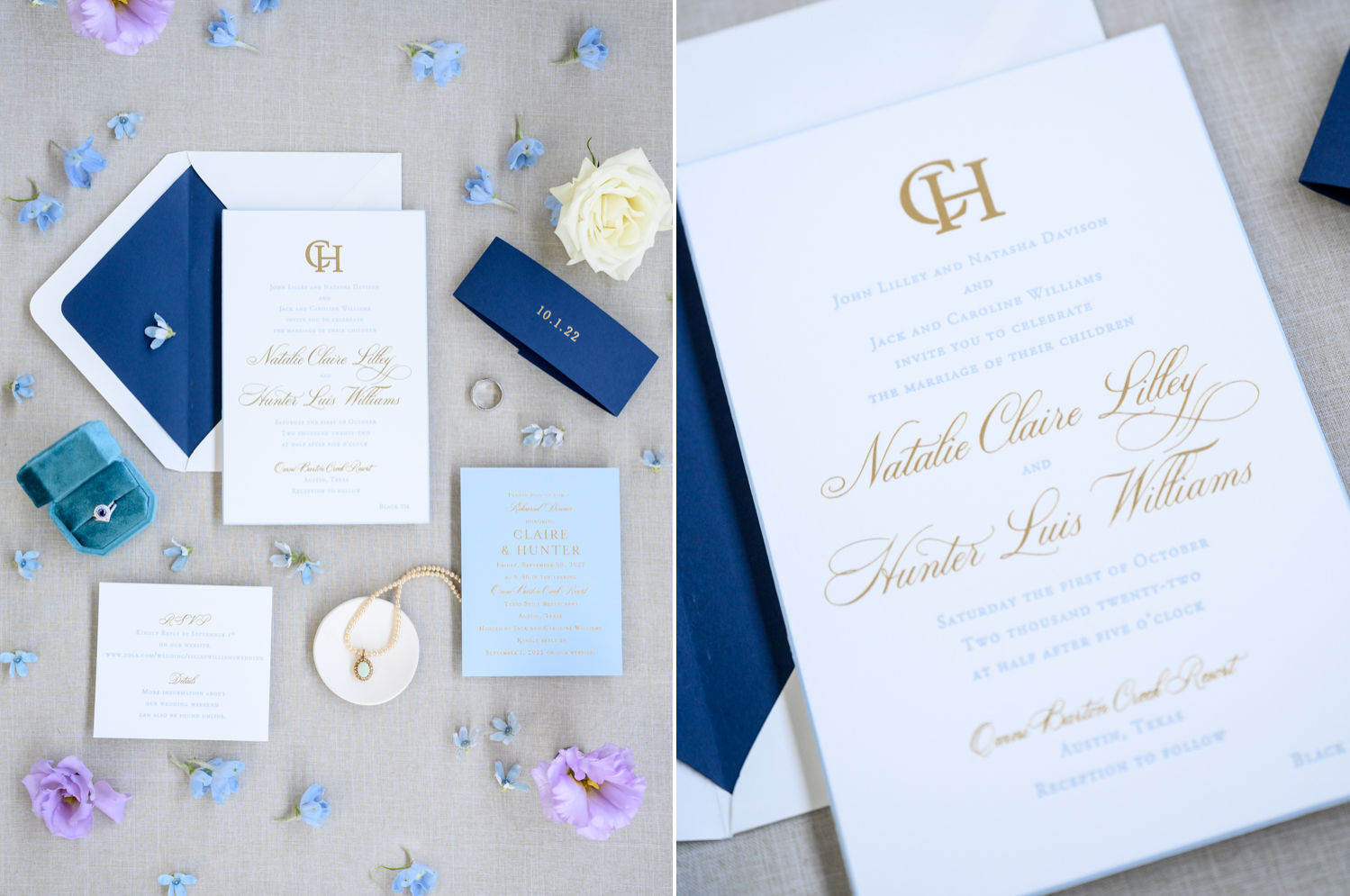 Left: The couple's invitation suite and wedding details including the bride's jewelry and blue, purple, and white flowers. Right: A close up of the wedding invitation with golden script