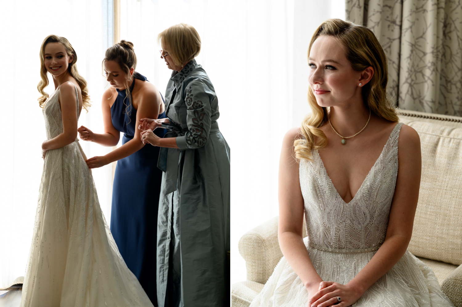 Left: The bride's mother and sister button up her dress. Right: A close up portrait of the bride sitting in front of a window.