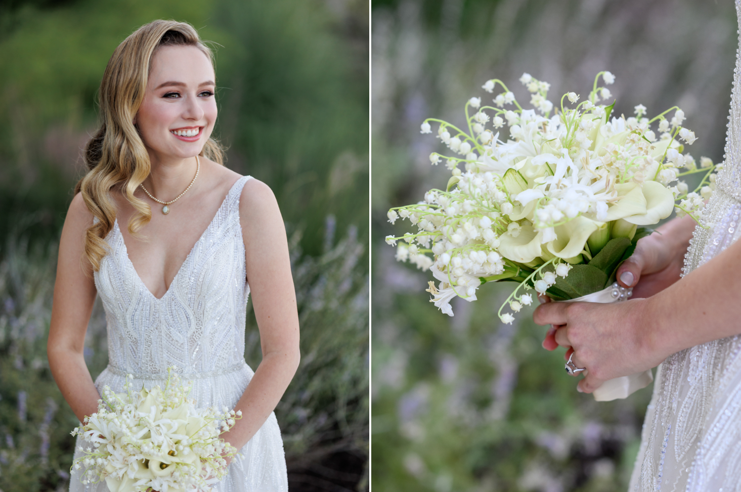 Left: The bride laughs, holding her bouquet. Right: A close up shot of the bouquet from the side. It's small with wispy white flowers.