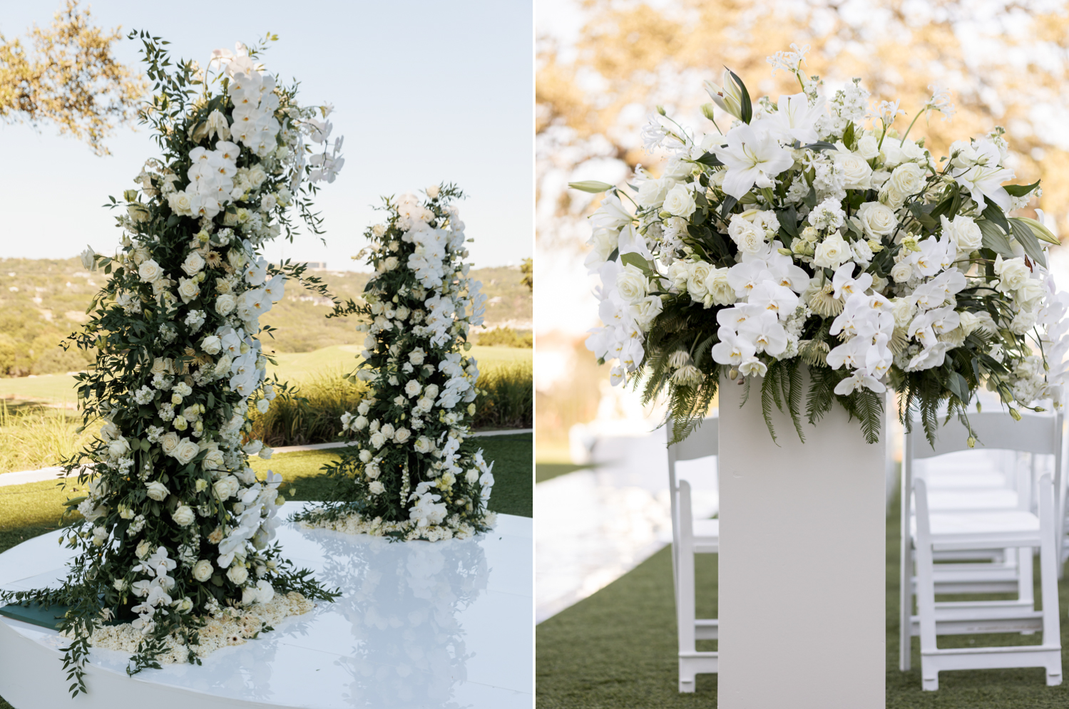 Left: The altar is covered in white flowers and greenery. Right: A flower arrangement at the start of the aisle with big white flowers and greenery