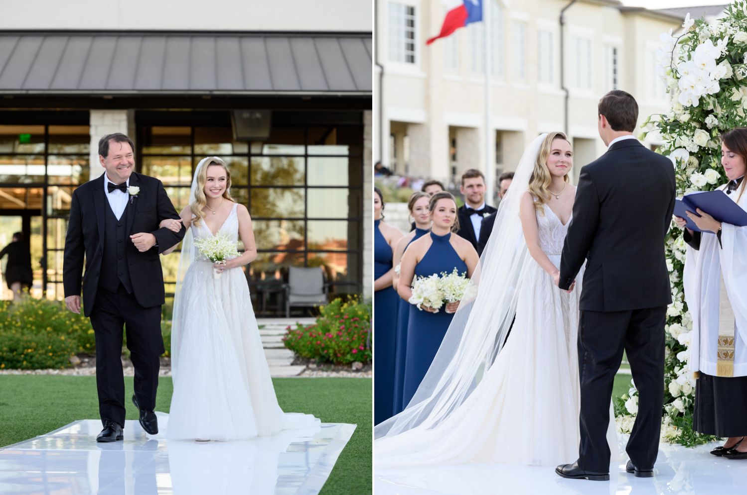 Left: The bride walks down the aisle, escorted by her father. Right: The bride and groom hold hands at the altar and smile at each other.