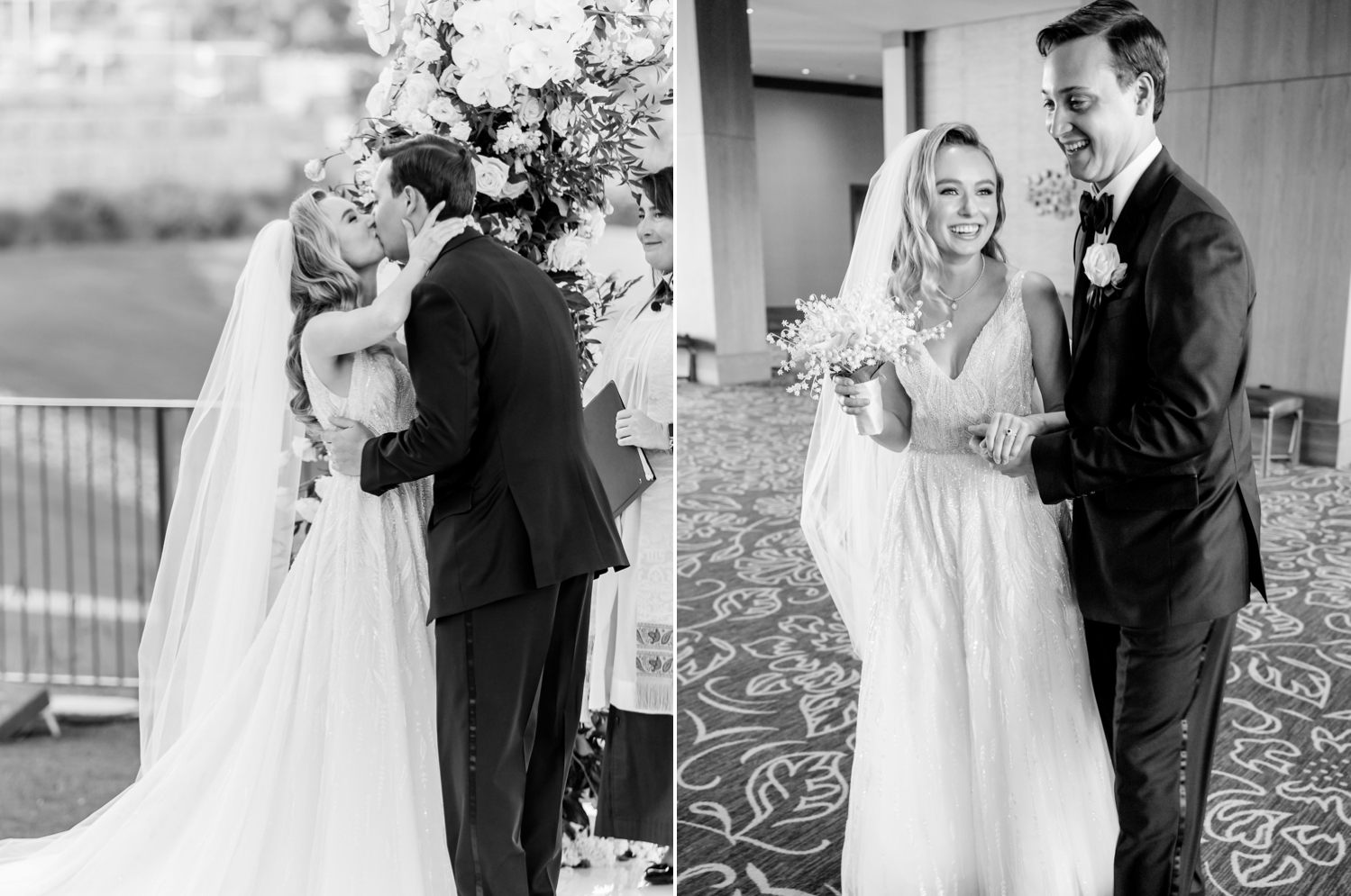 Left: The bride and groom kiss at the altar. Right: The bride and groom laugh and hold hands after the ceremony