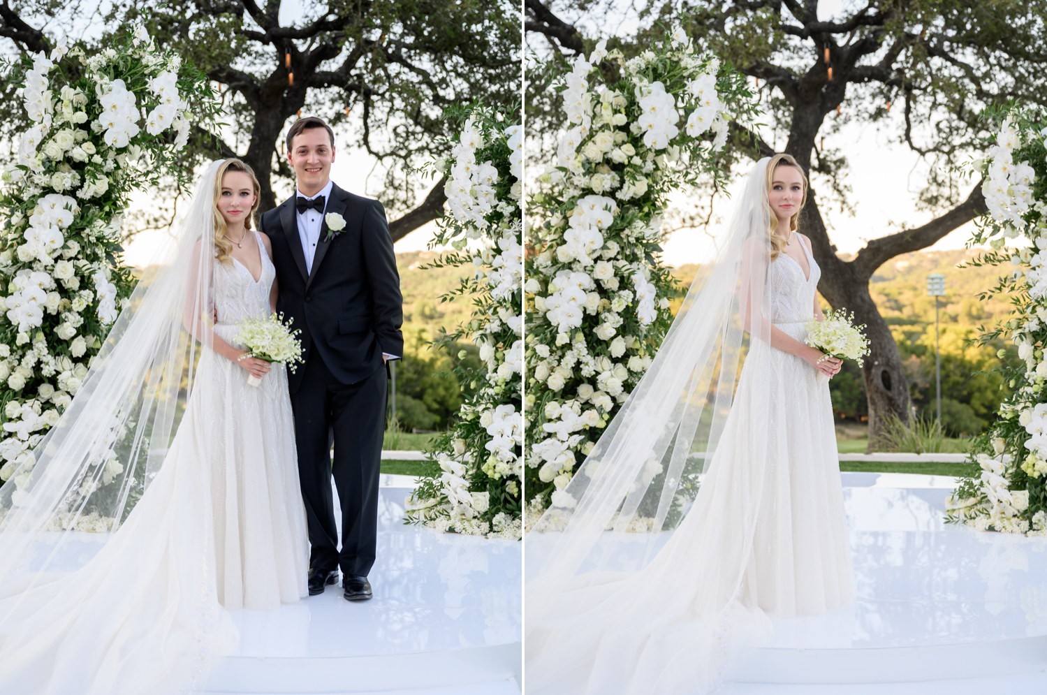 Left: The bride and groom stand together at the aisle, covered in white flowers. Right: The bride stands at the aisle, covered in white flowers
