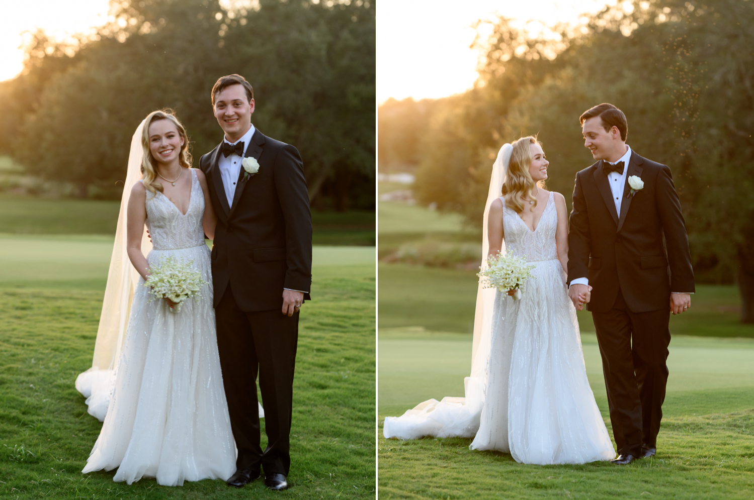 Left: The bride and groom smile at the camera on the golf course. Right: The bride and groom and hold hands and smile on the golf course