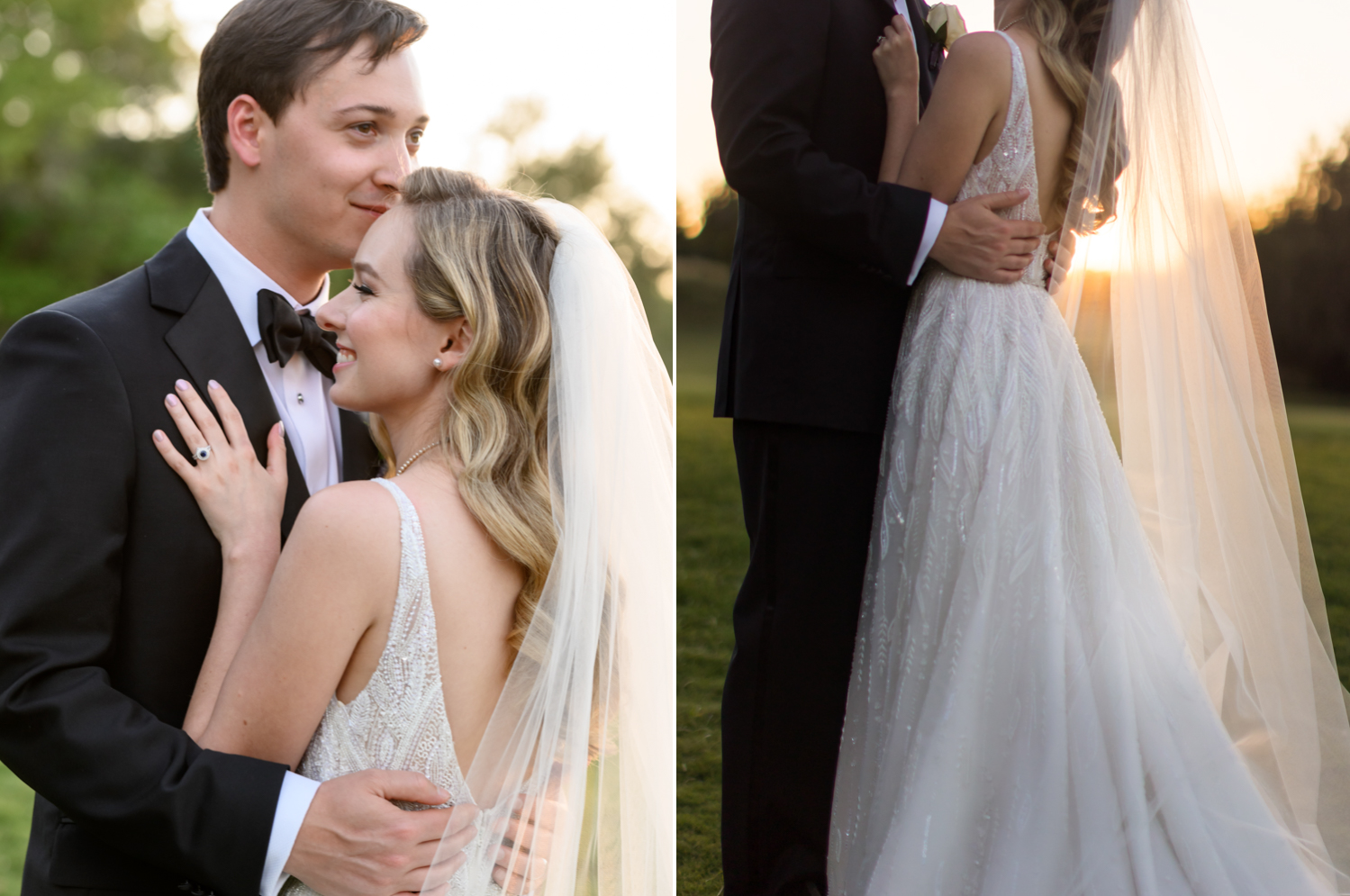 Left: The bride and groom embrace and smile. Right: The groom holds the bride as the sun sets in the background