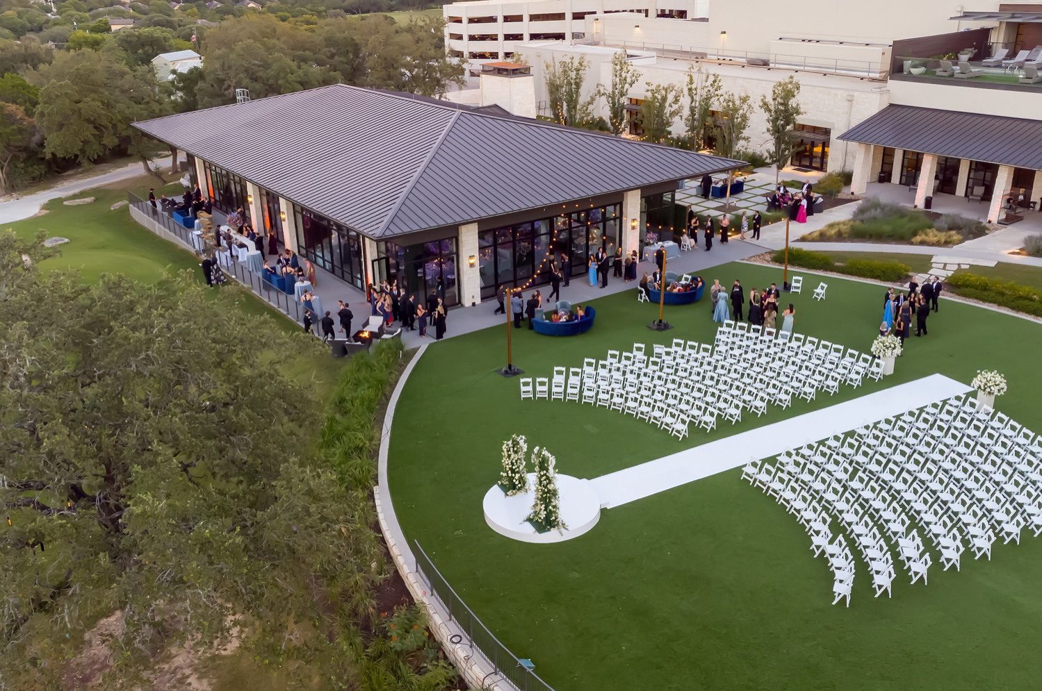 An aerial shot of the venue as guests gather for the reception.