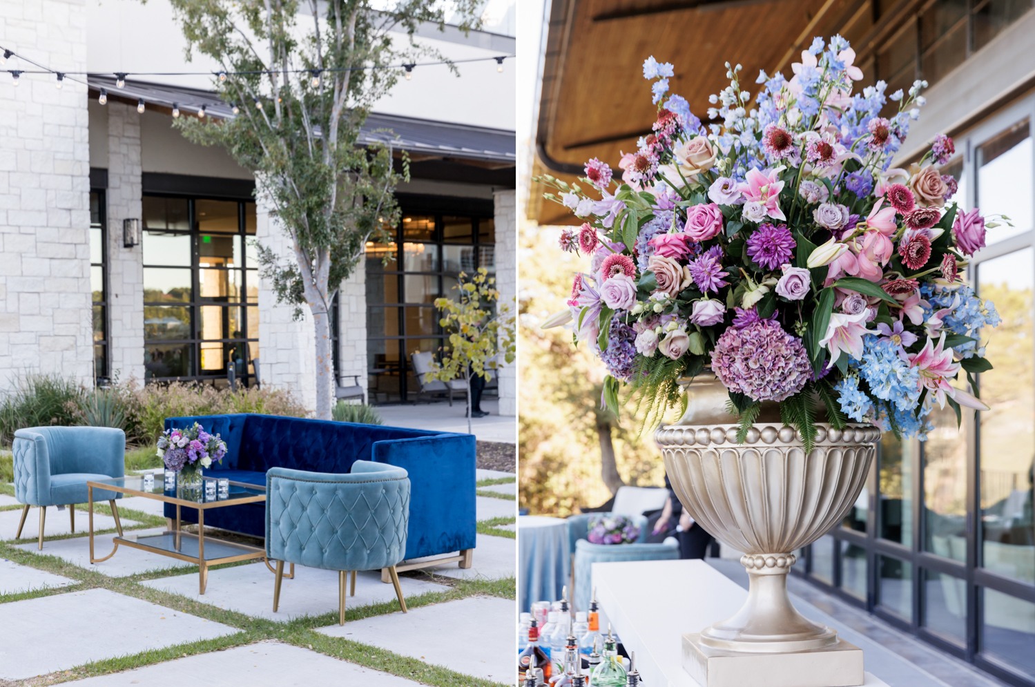 Left: Blue velvet chair and couch rentals sit outside the reception. Right: A close up of the large outdoor flower arrangements full of blue, purple, and pink flowers