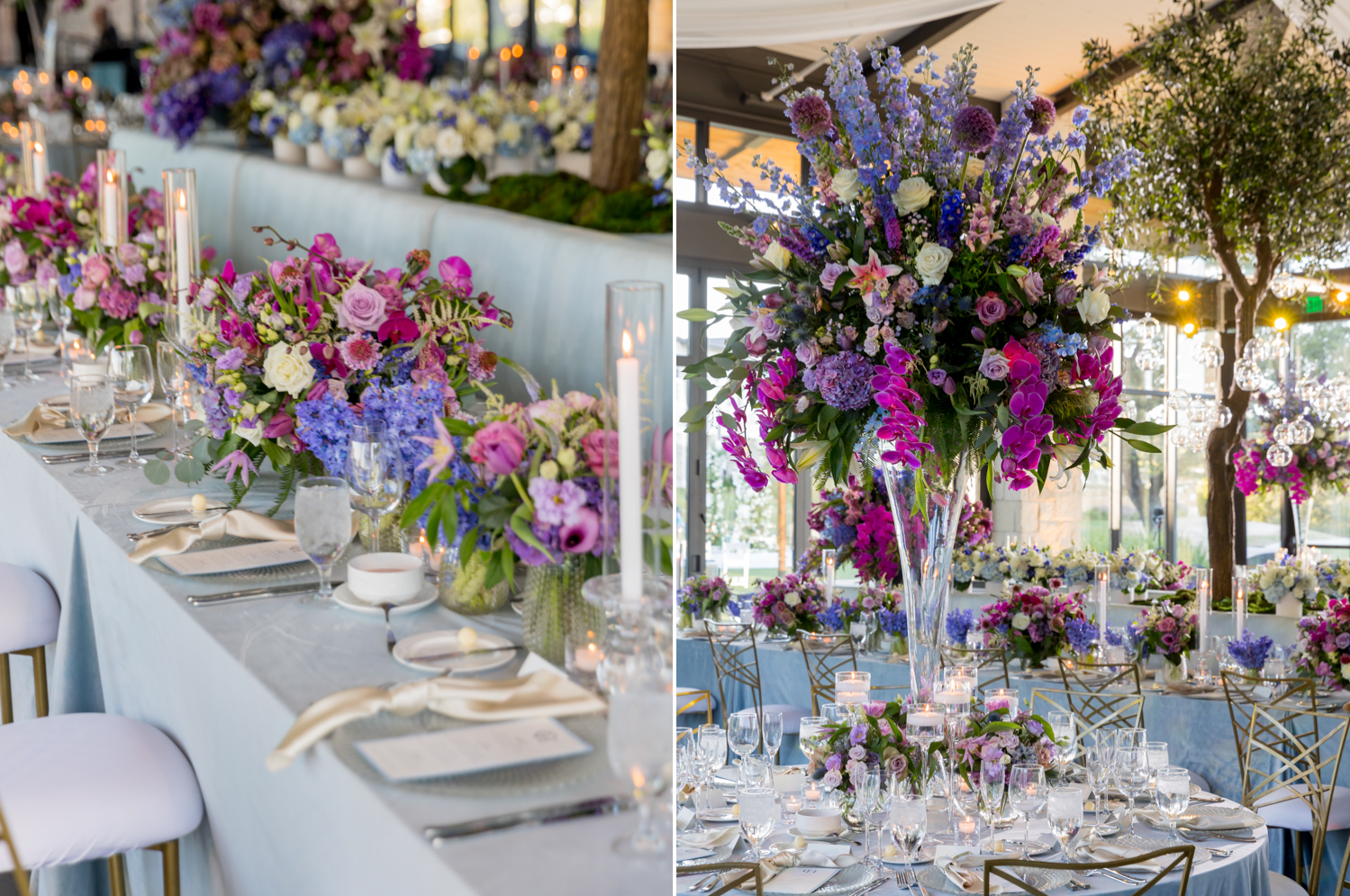 Beautiful blue, purple, and pink flower arrangements on the dinner tables at the reception.