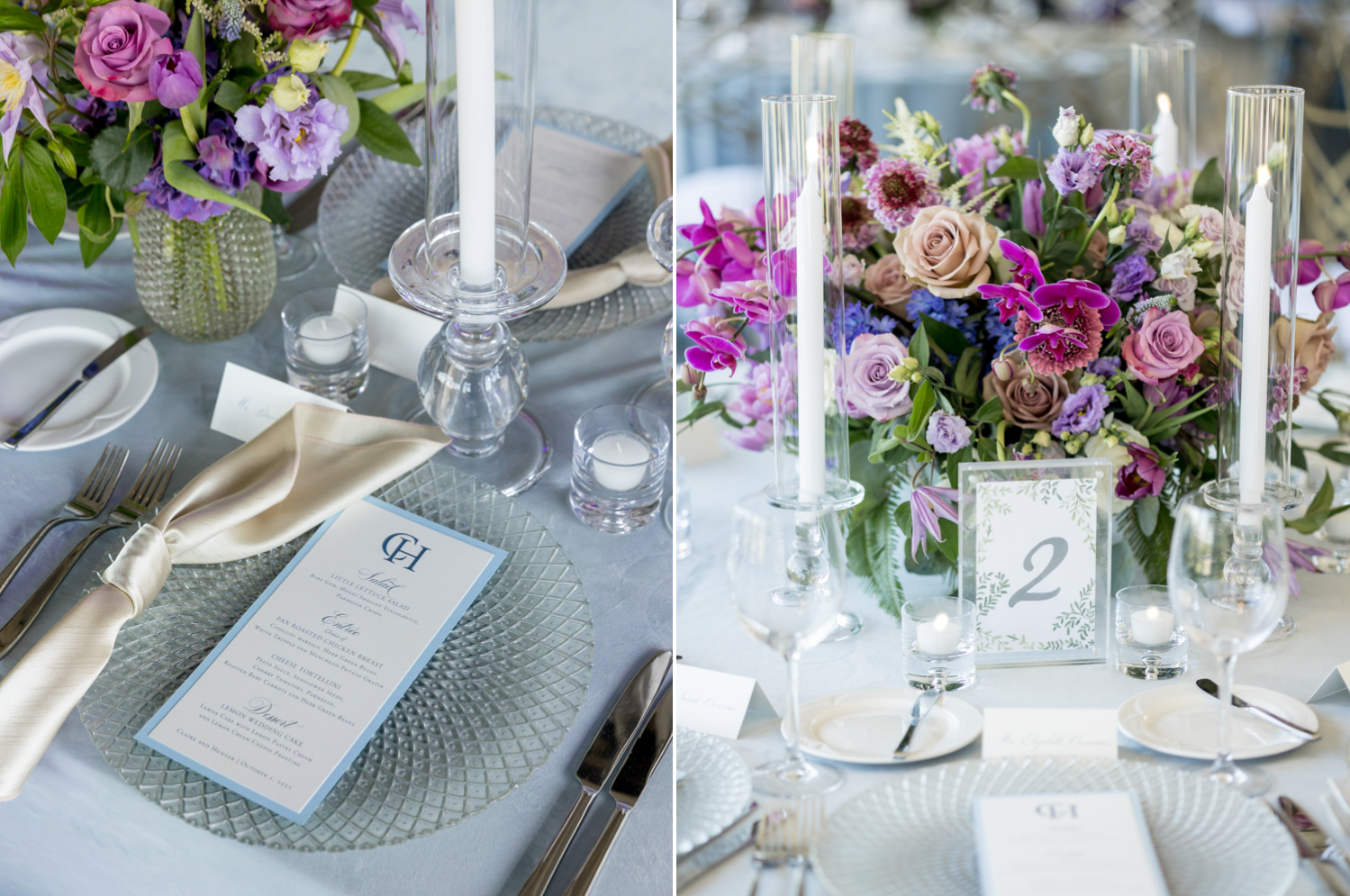 Left: A blue and white menu sits on a crystal plate at the reception dinner table. Right: A details shot of the table numbers and flowers at each table.