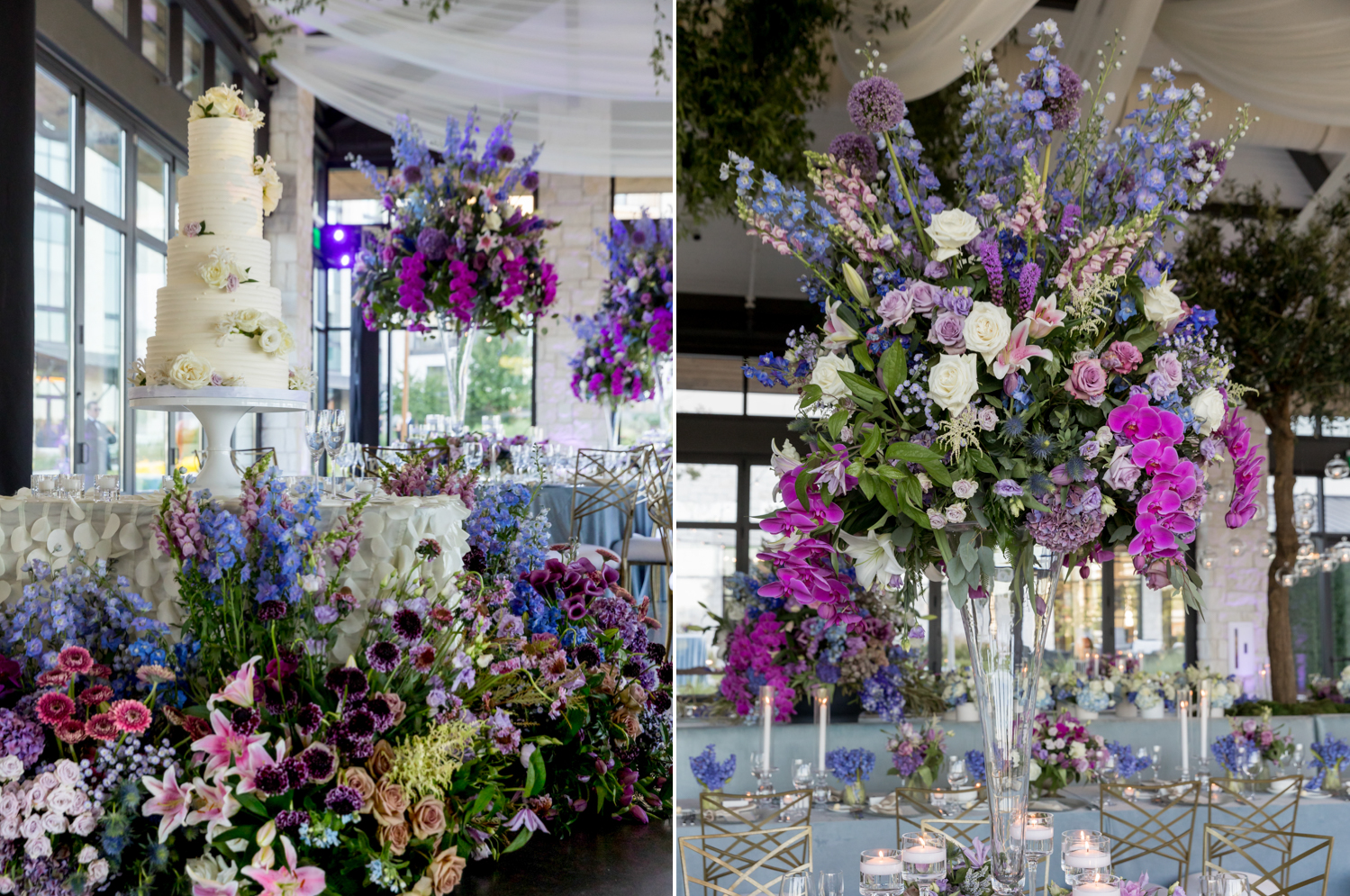 Left: The 5-tier wedding cake with white flowers sits on a table, surrounded by lush florals at the base of the table. Right: A tall flower arrangement in a glass vase sits in the middle of a reception dinner table.