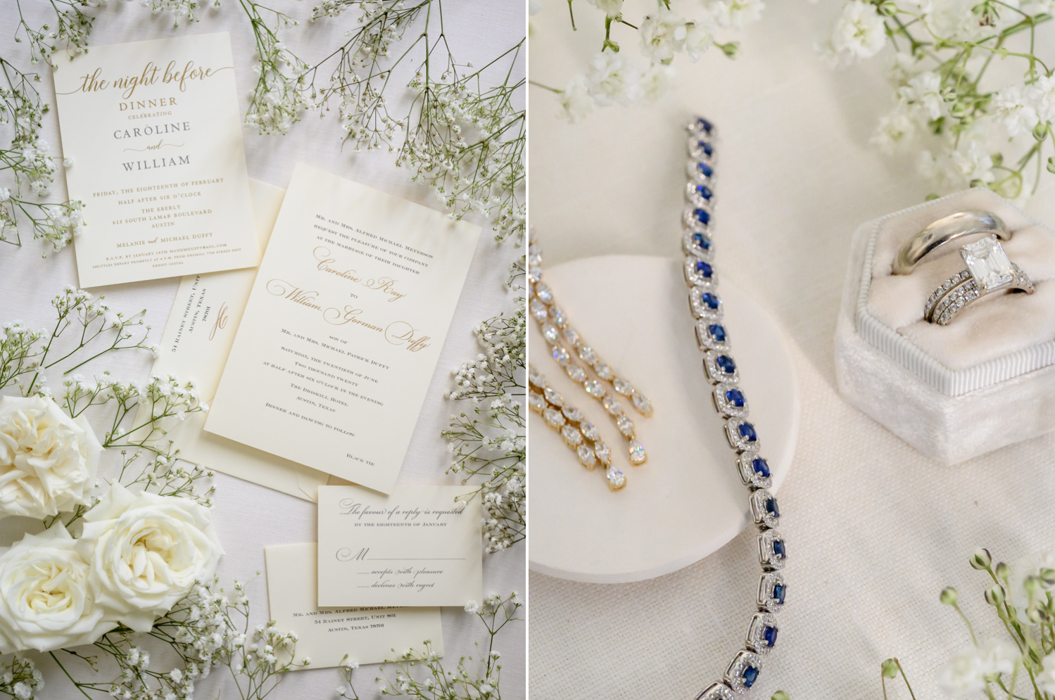 Left: A classic and simple wedding invitation suite, bordered with white roses and baby's breath. Right: The bride's wedding day jewelry, featuring a blue sapphire tennis bracelet.