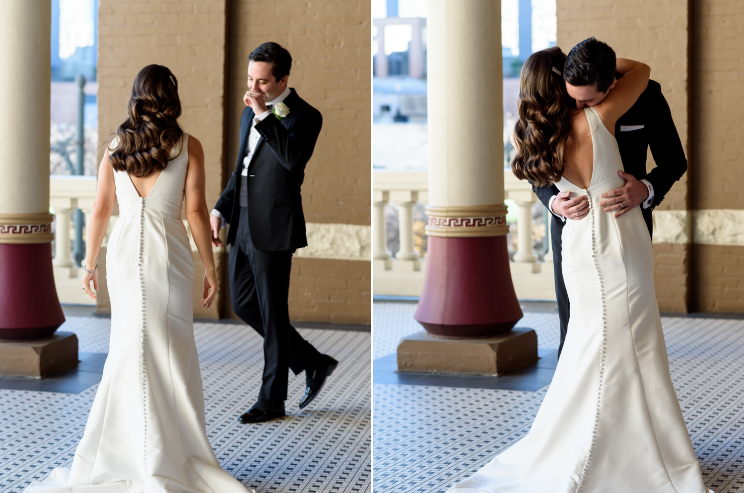 Left: The groom smiles and covers his mouth after seeing his bride for the first time in her dress. Right: the groom hugs his bride after the first look.