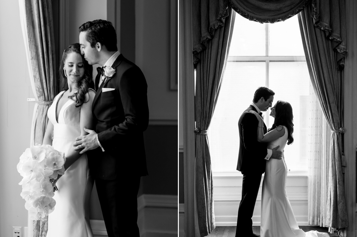 Left: a portrait where the groom holds the bride from behind and kisses her forehead. Right: The bride and groom hold each other and smile, framed by the ornate drapery and window they stand in front of.