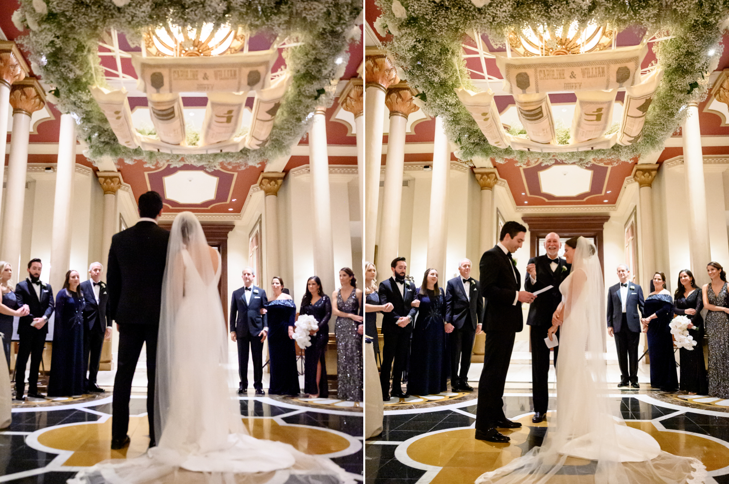 Left: the bride leans on the grooms shoulder at the altar. Right: the bride and groom face each other, laughing at the altar.