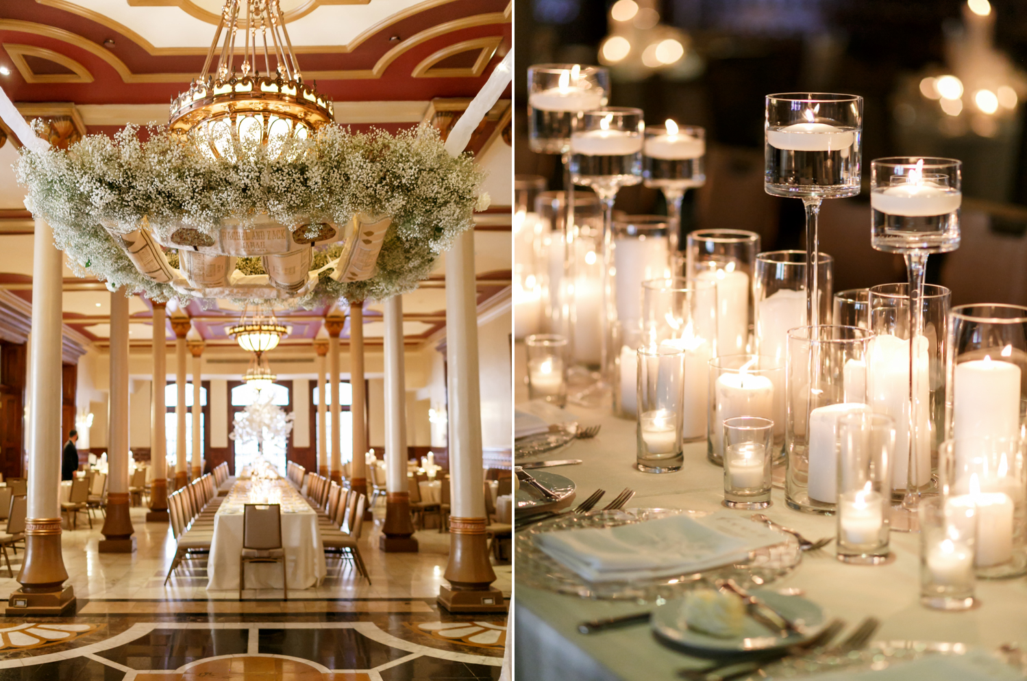 Left: The decorative chuppah adorned with baby's breath flowers and embroidery. Right: the table settings at the reception and white candles in tall glasses adorn the table.