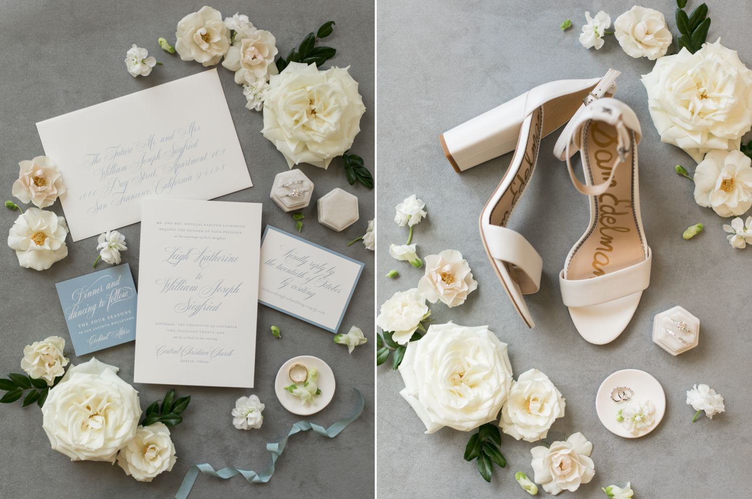 Left: The blue and white invitation suite surrounded by white roses. Right: the bride's white Sam Edelman heels surrounded by white roses