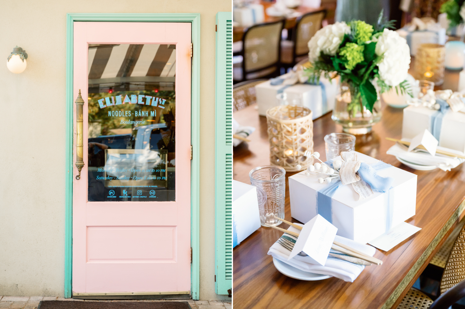 Left: The pink door of Elizabeth Street Cafe. Right: The bridal party gifts, wrapped in a white box with blue ribbon