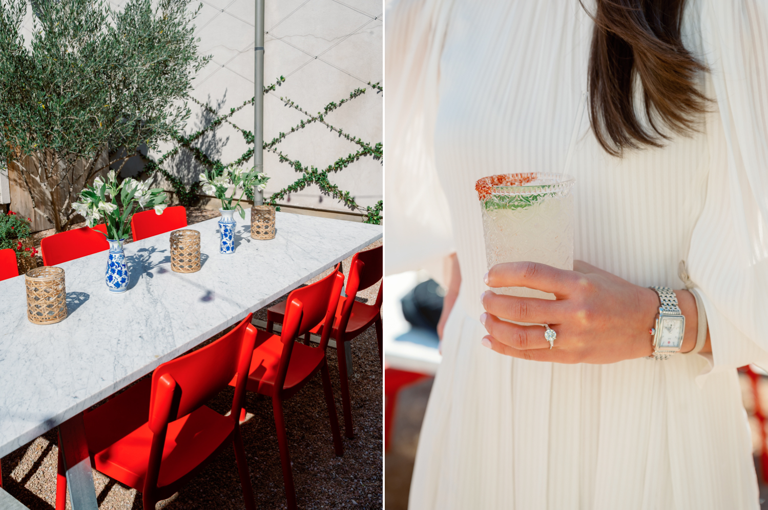 Left: the outside tables with red chairs at Elizabeth Street Cafe for the bridal shower. Right: the bride holding a margarita and showing off her ring