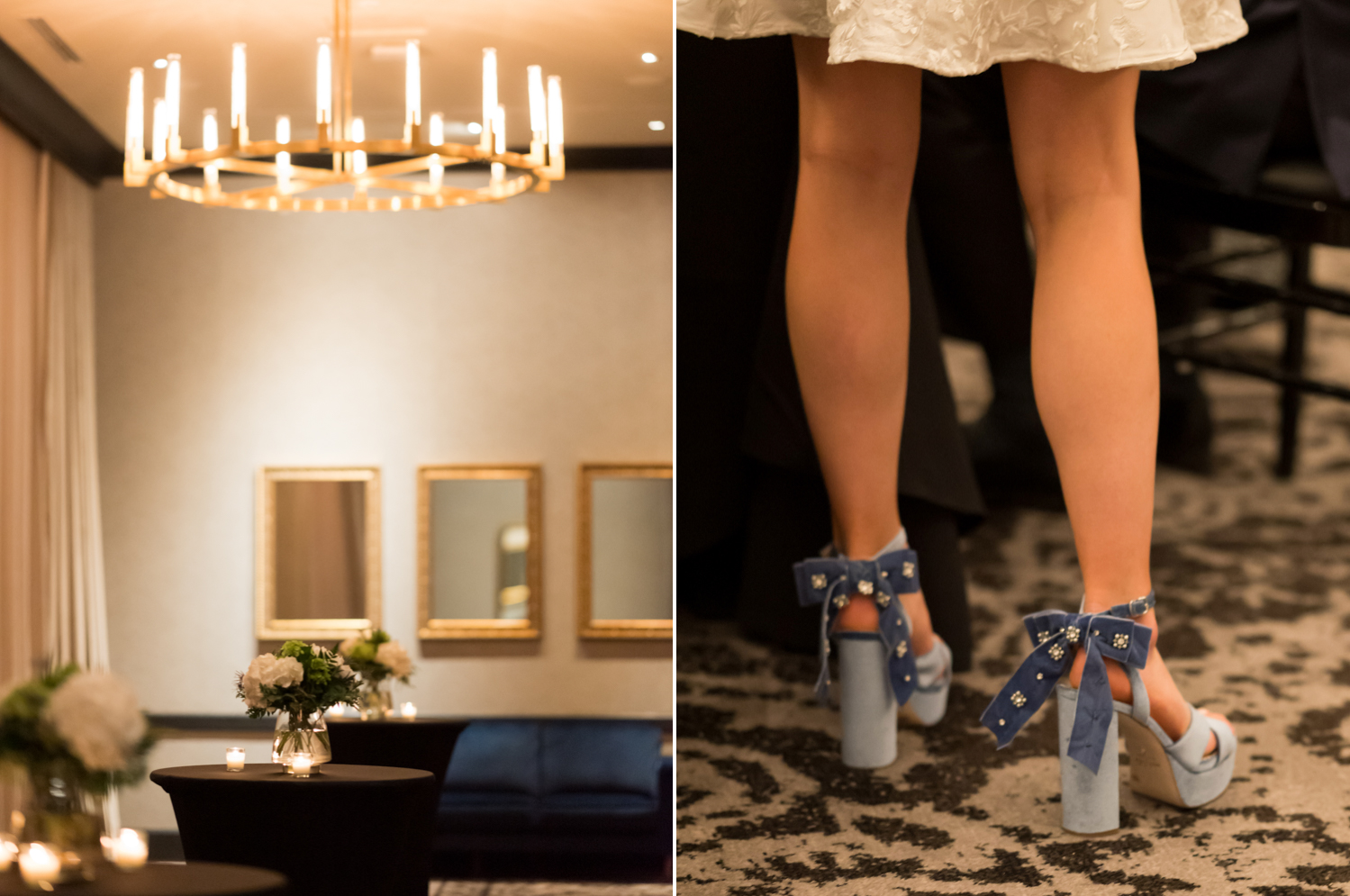 Left: The white and green flower arrangements at the rehearsal dinner sit on tall tables with black linens. Right: The bride shows off her blue platform heels with bejeweled bows on the back
