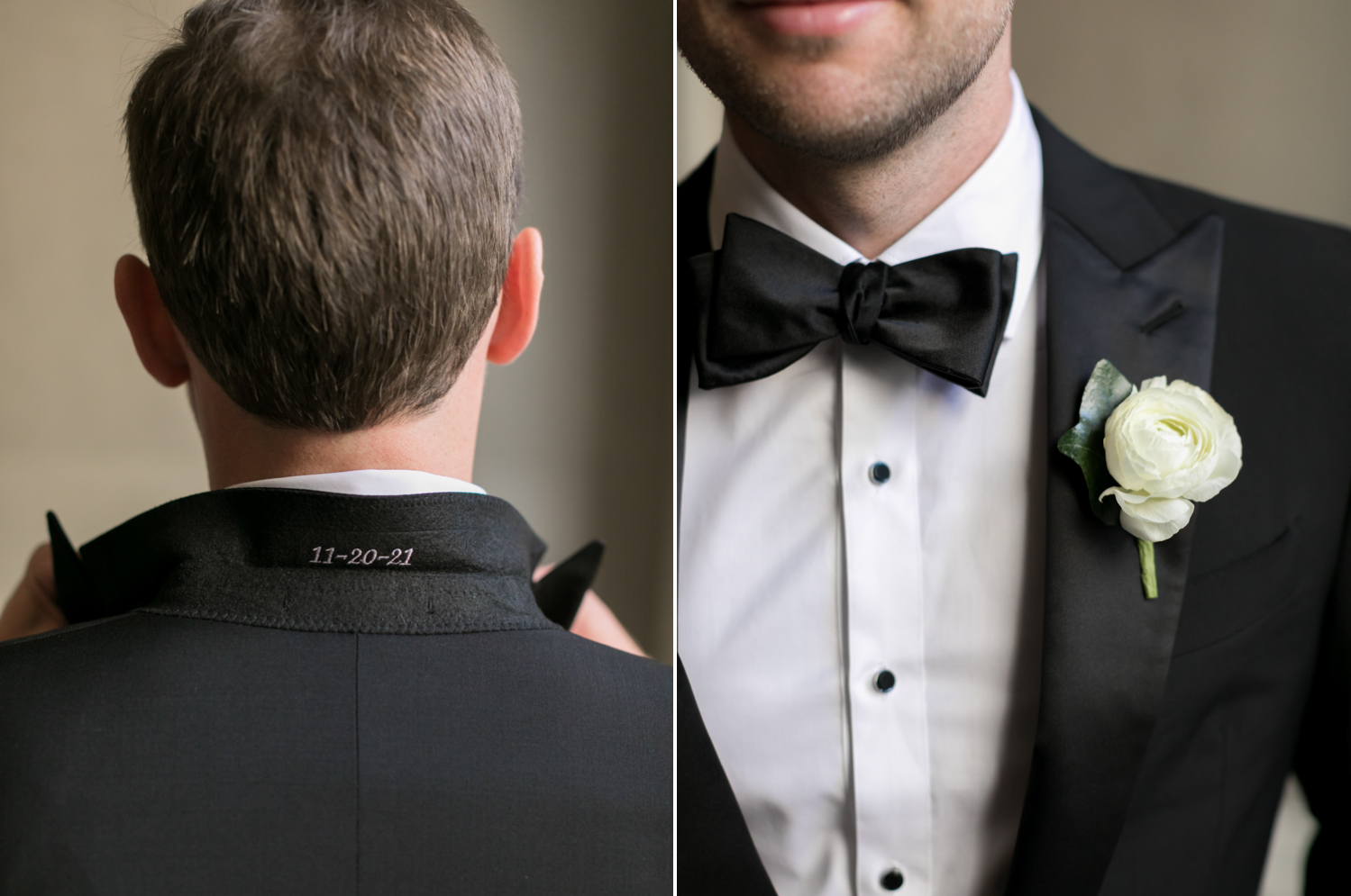The groom shows off his custom suit collar with his wedding date sewed into it and his white boutonniere. 