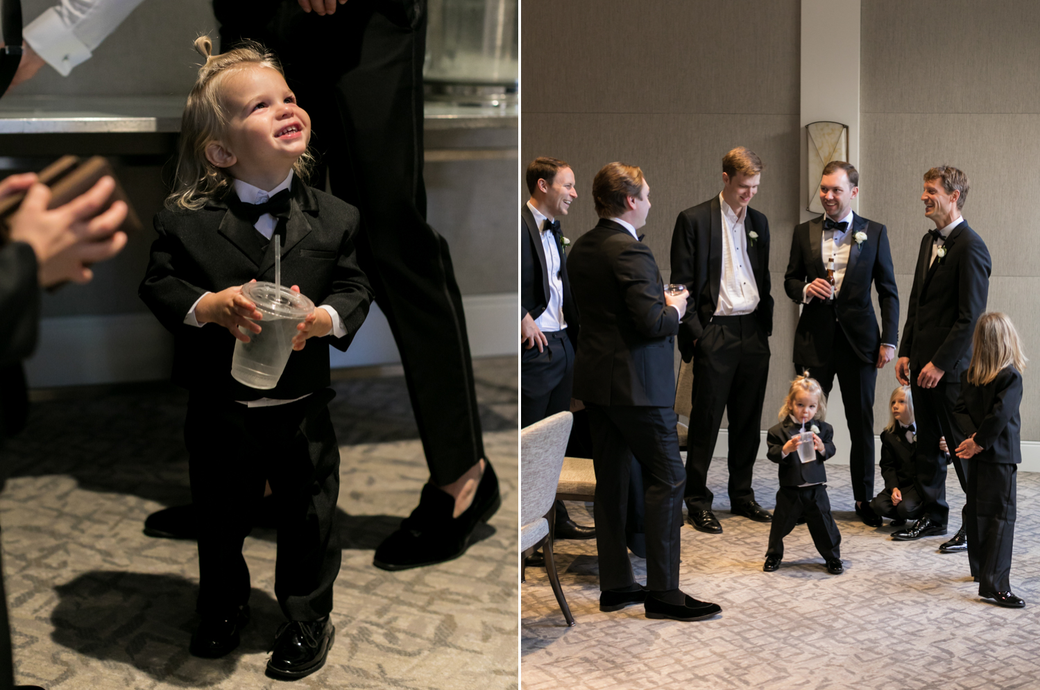 A little boy stands in the middle of all the grown groomsmen and laughs, happy to be a part of the action.