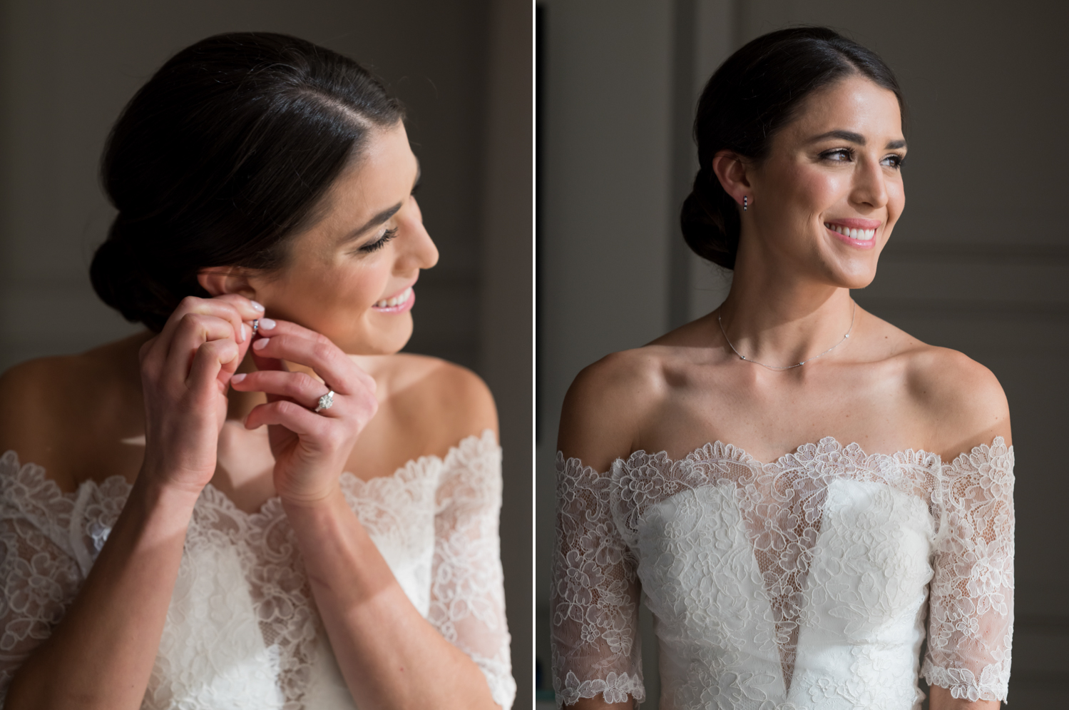 The bride looks out the window and smiles after putting on her dress and jewelry. 