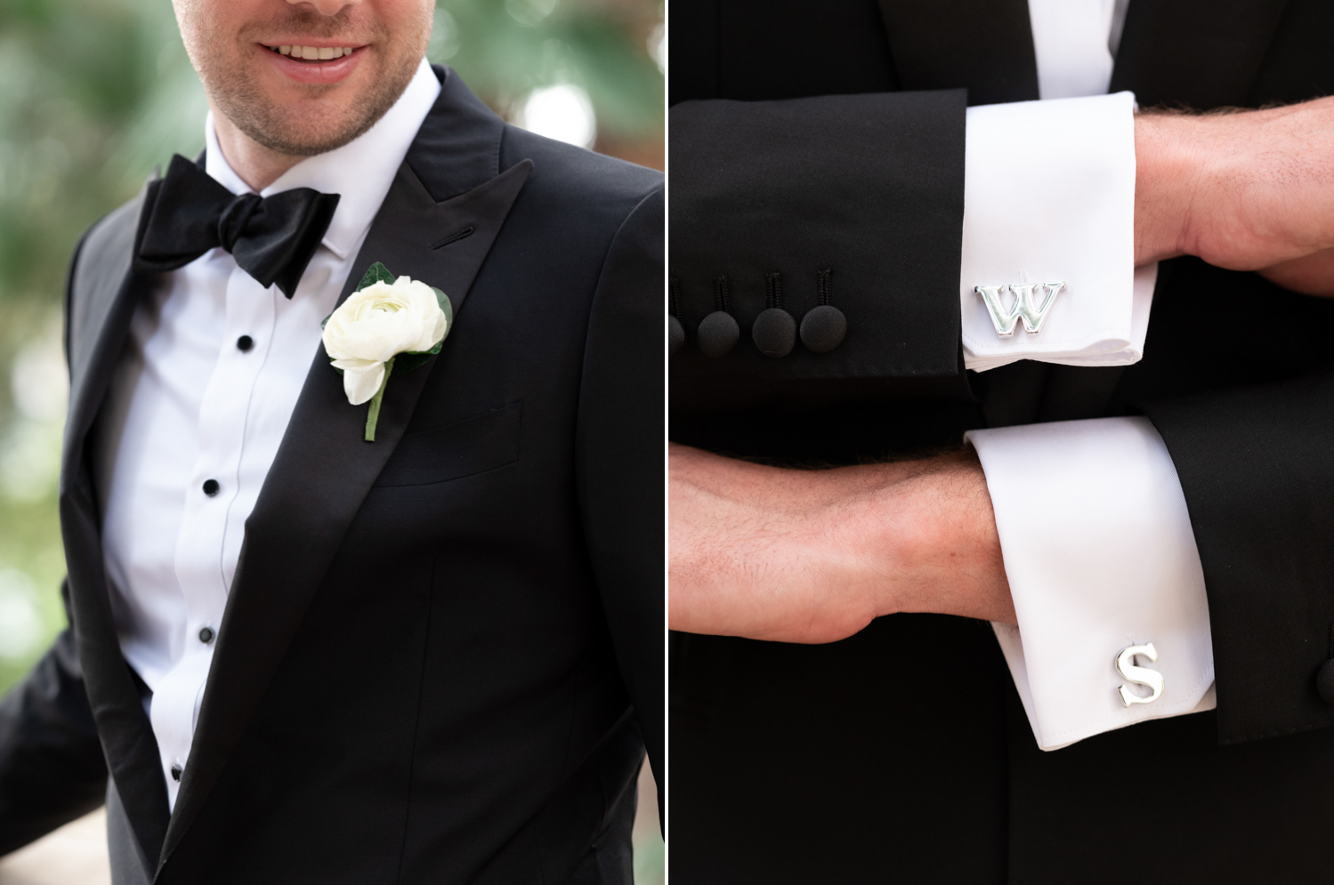 Detail shots of the groom's suit, boutonniere, and custom monogrammed "WS" cufflinks